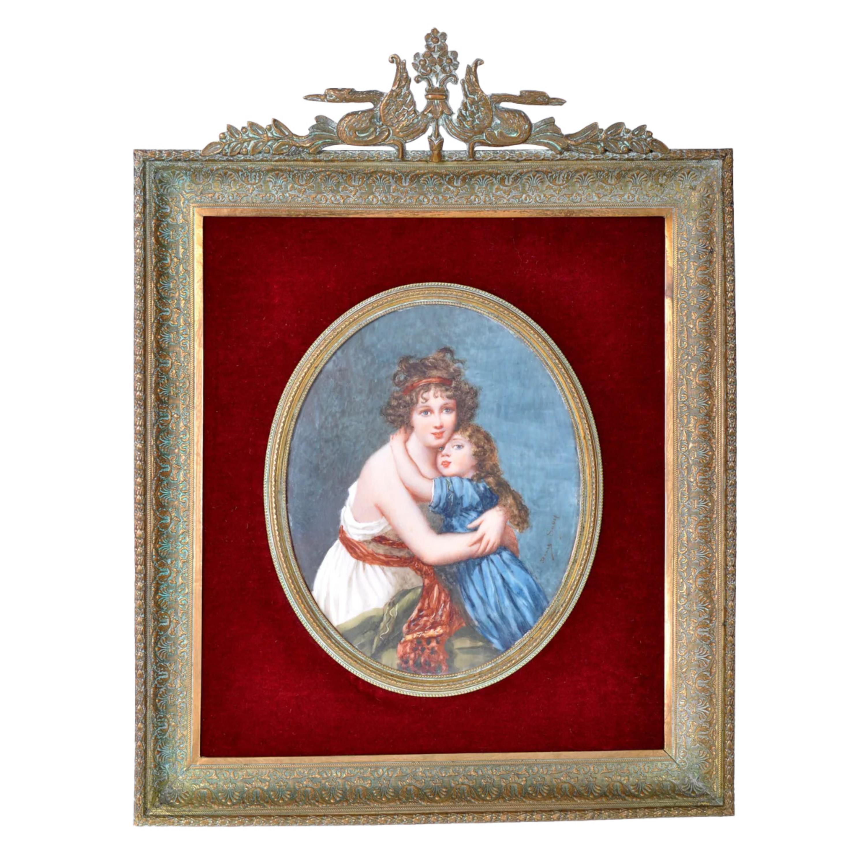 Figurative Painting di Jenny Savy - Antique French Ritratto Miniatura Pittura ad olio Vigee Lebrun Madre Figlia 1860