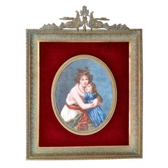 Antique French Portrait Miniature Oil Painting Vigee Lebrun Mother Daughter 1860