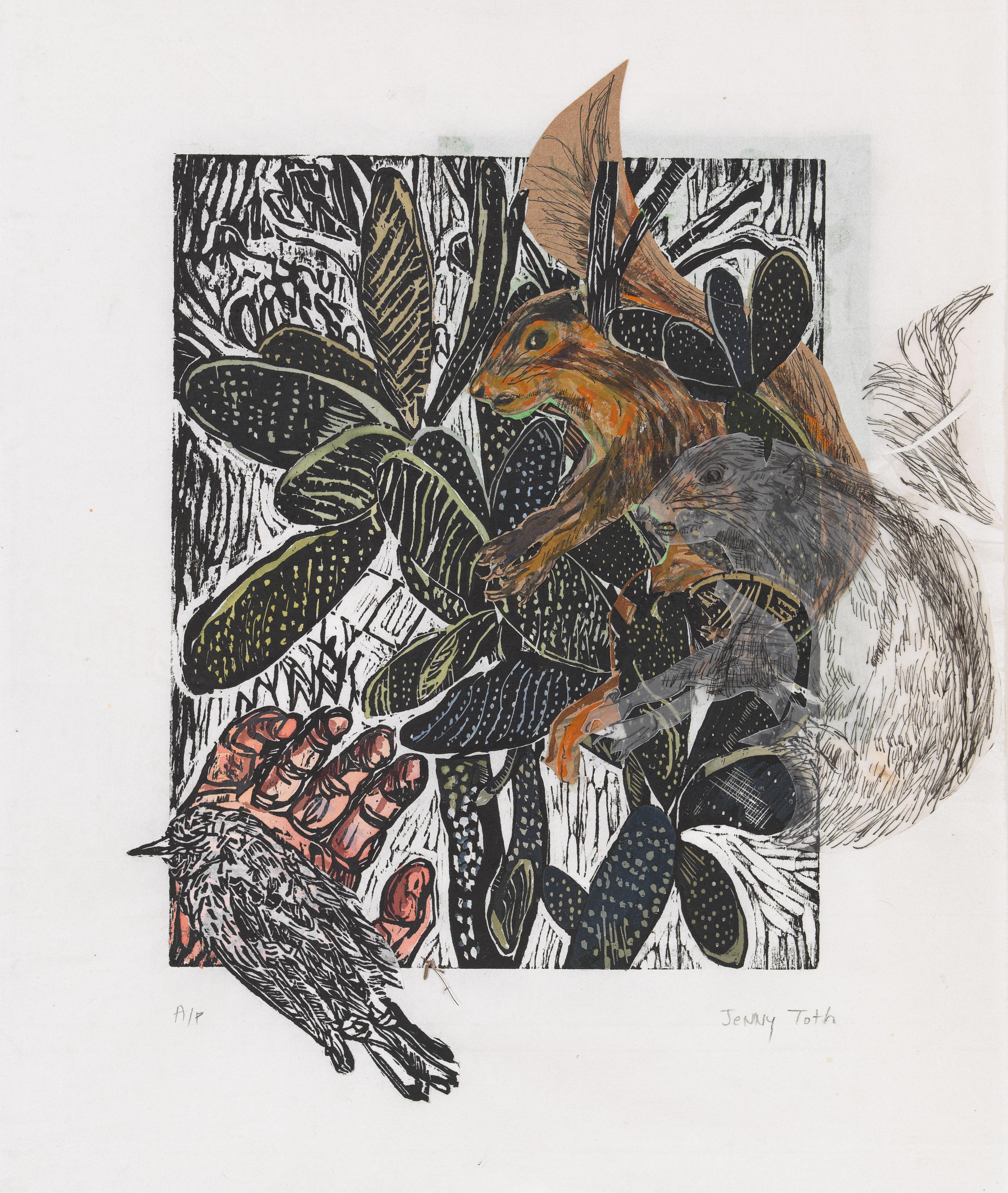 Der Vogel in der Hand ist mehr wert als zwei Eichhörnchen im Kaktus, Tiere – Mixed Media Art von Jenny Toth