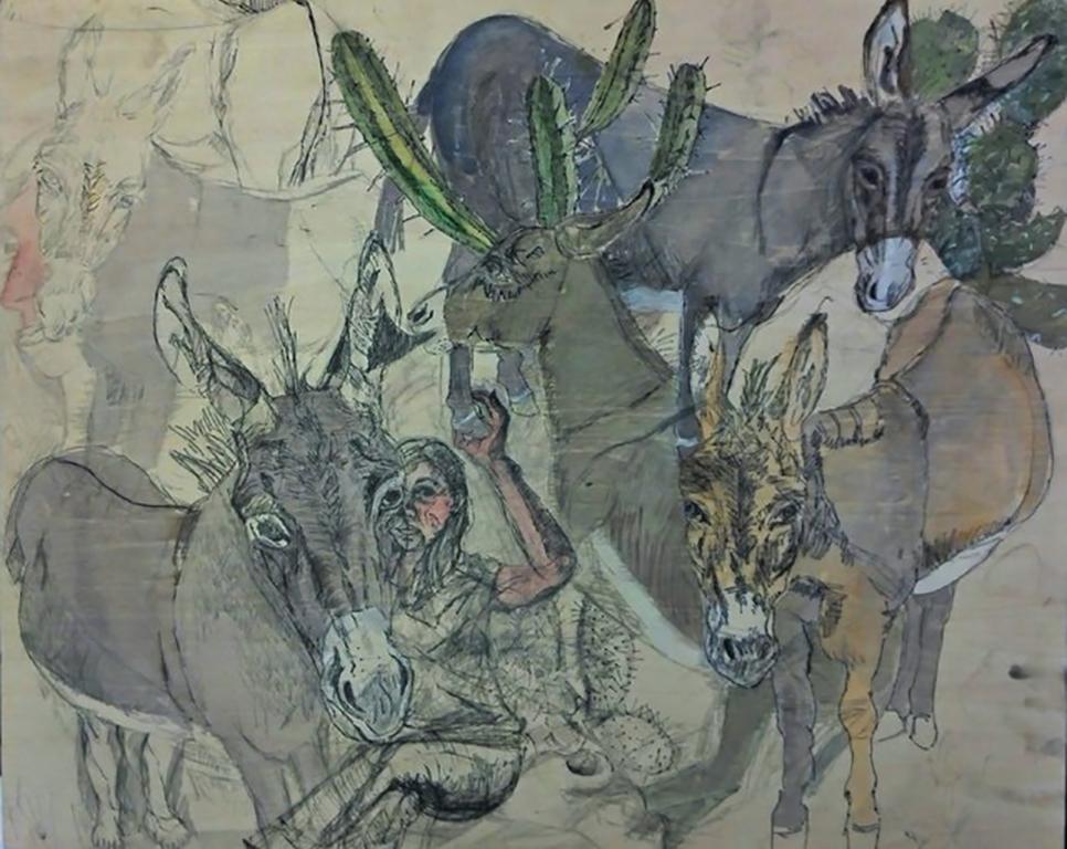 Donkey Menagerie, mixed media on wood panel