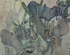 Donkey Menagerie, mixed media on wood panel