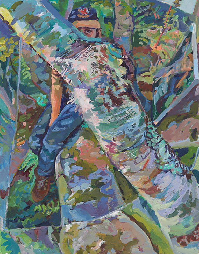 Jenny Toth Landscape Painting - Artist in a Birch Tree, blues greens Nova Scotia mirror nature gestural patterns