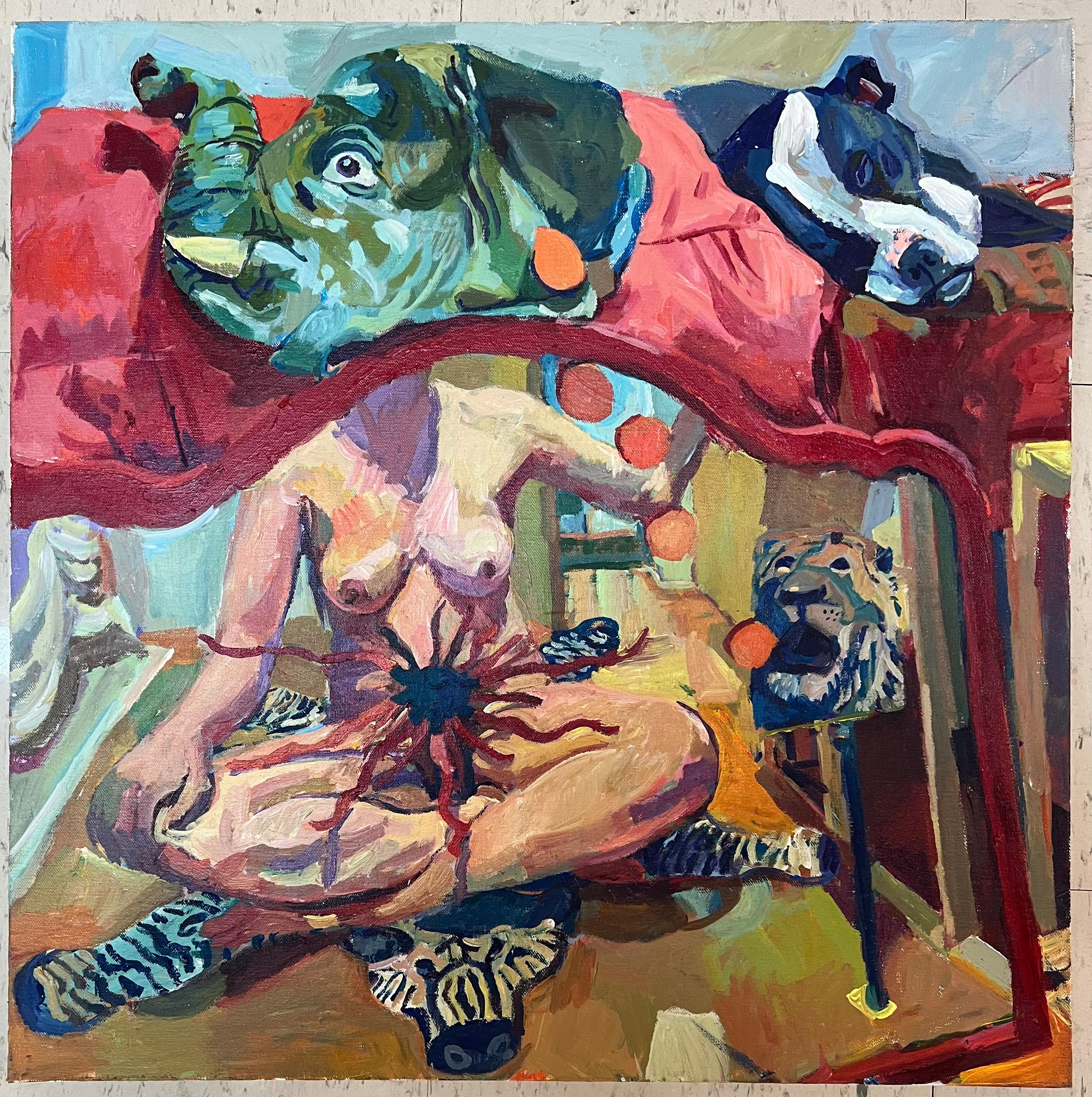 Figurative Painting Jenny Toth - énergie Belly, nu coloré dans un miroir avec animaux  éléphant lion