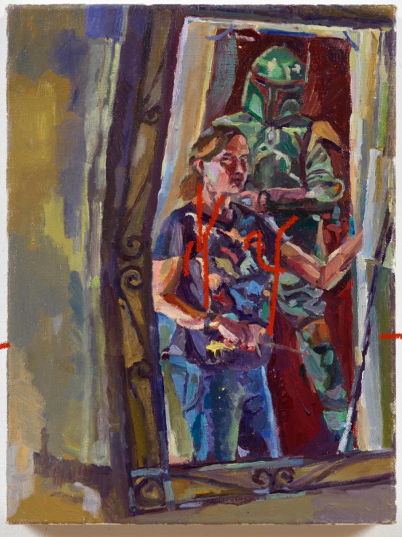 Boba Fett gegen. Künstlerin Mom, farbenfrohes Gemälde in Spiegelanzug mit Rüstung – Painting von Jenny Toth