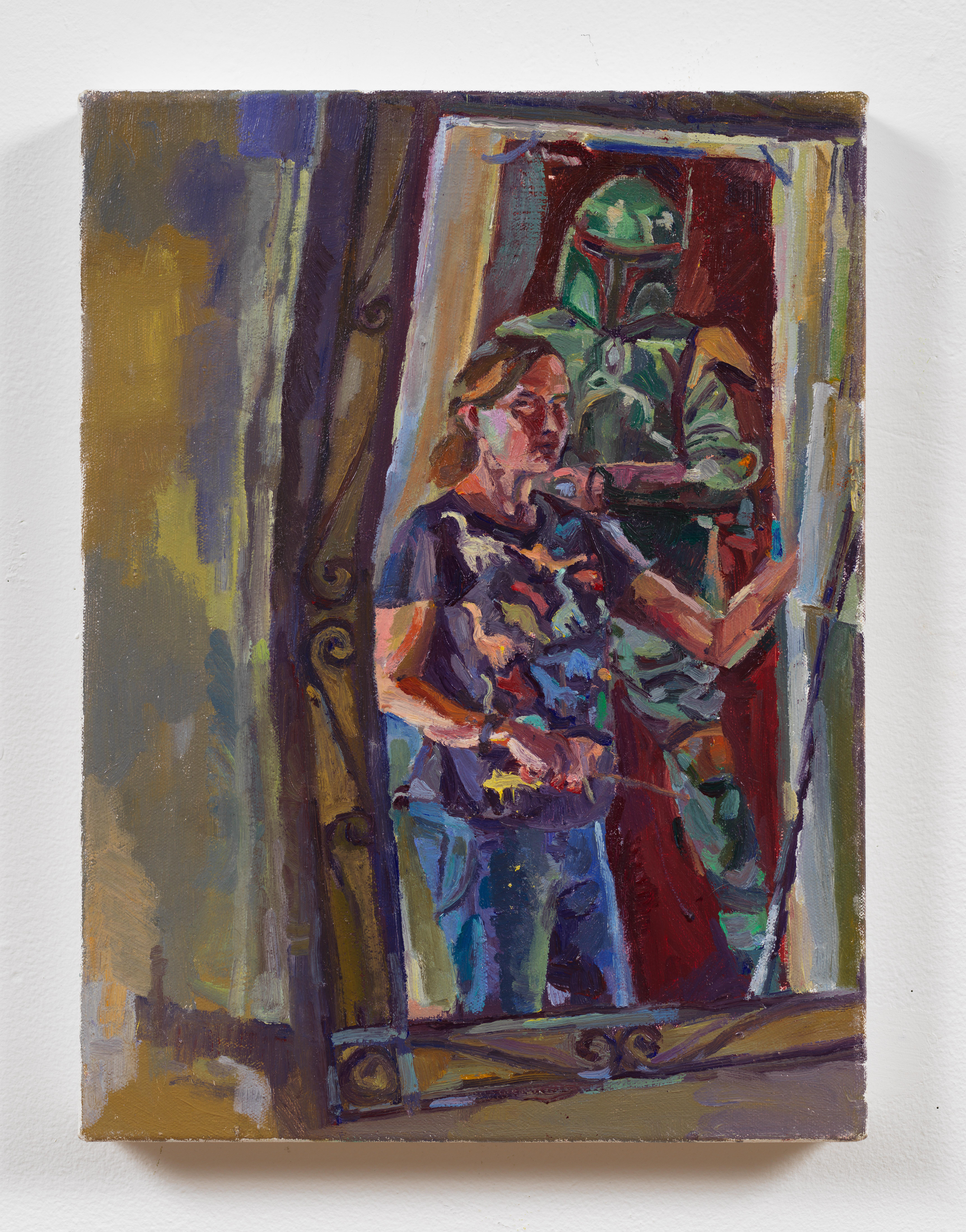 Jenny Toth Figurative Painting - Boba Fett vs. Artist Mom, colorful painting in mirror w suit of armor