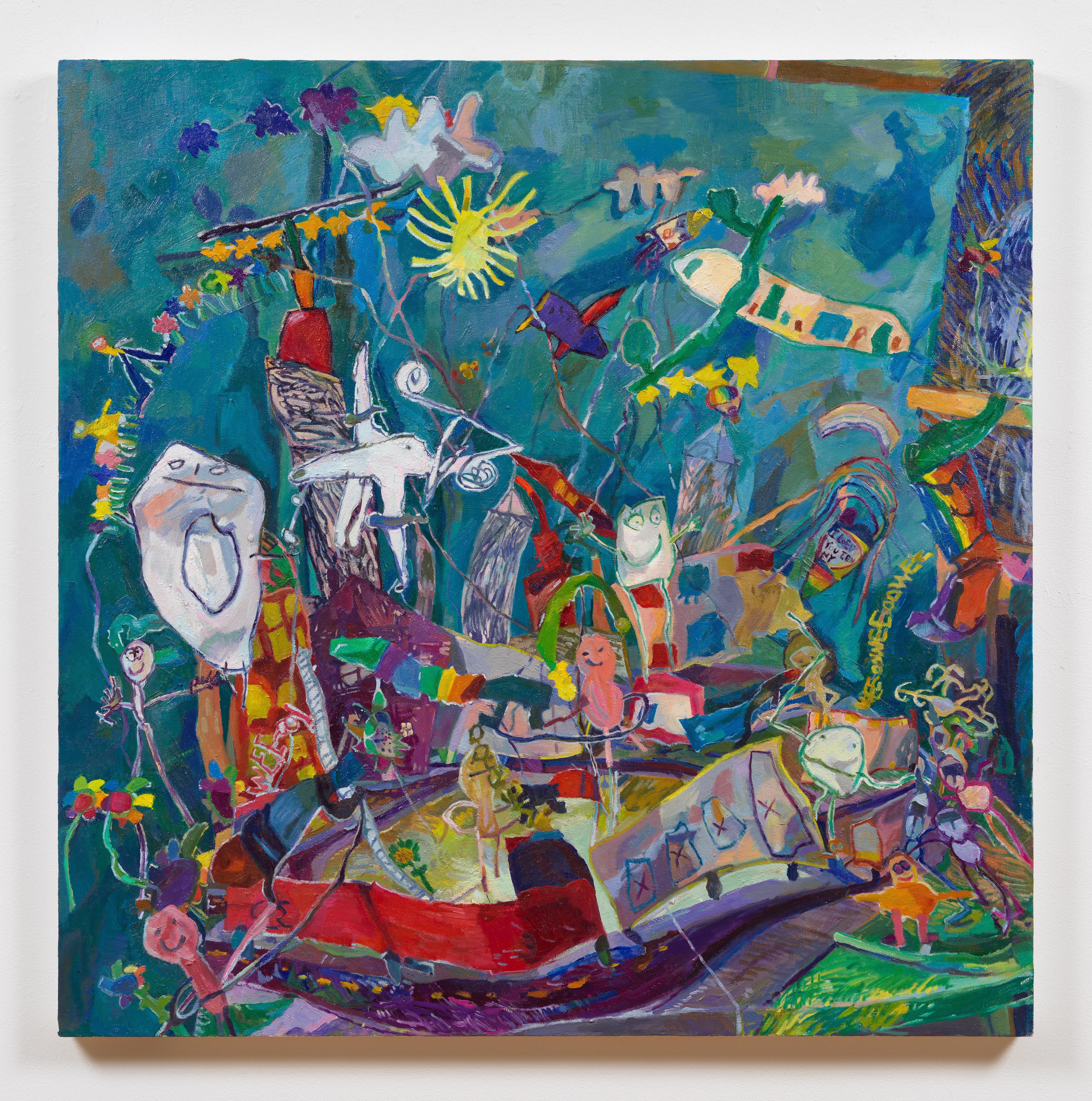 Jenny Toth Landscape Painting – Kindervisionen von Stadtleben, leuchtende Blautöne, farbenfrohe, kindliche, glückliche