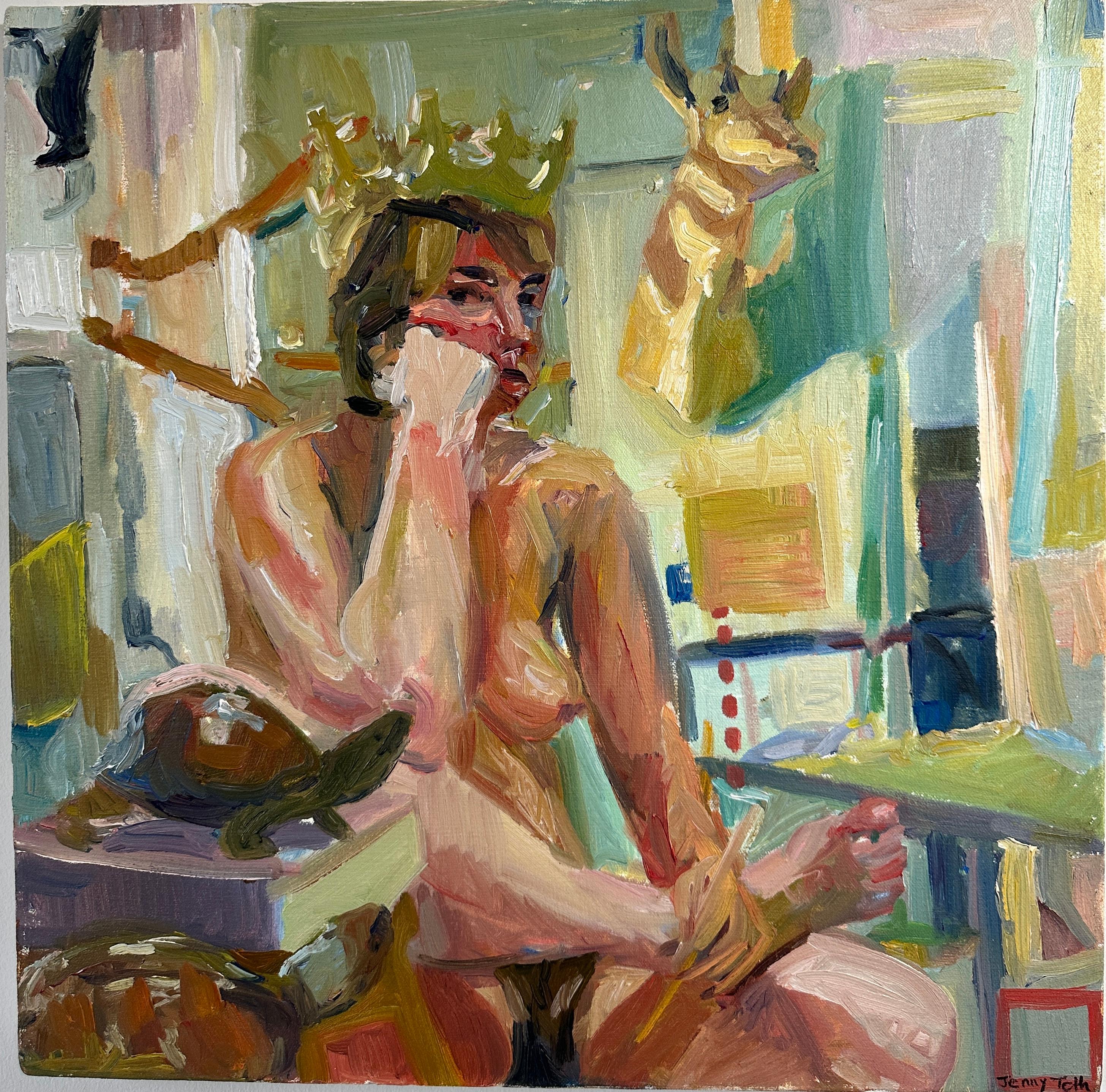 Jenny Toth Interior Painting - Ho-Humming with a Turtle and a Crown, female nude, giraffe, bold paint, animals