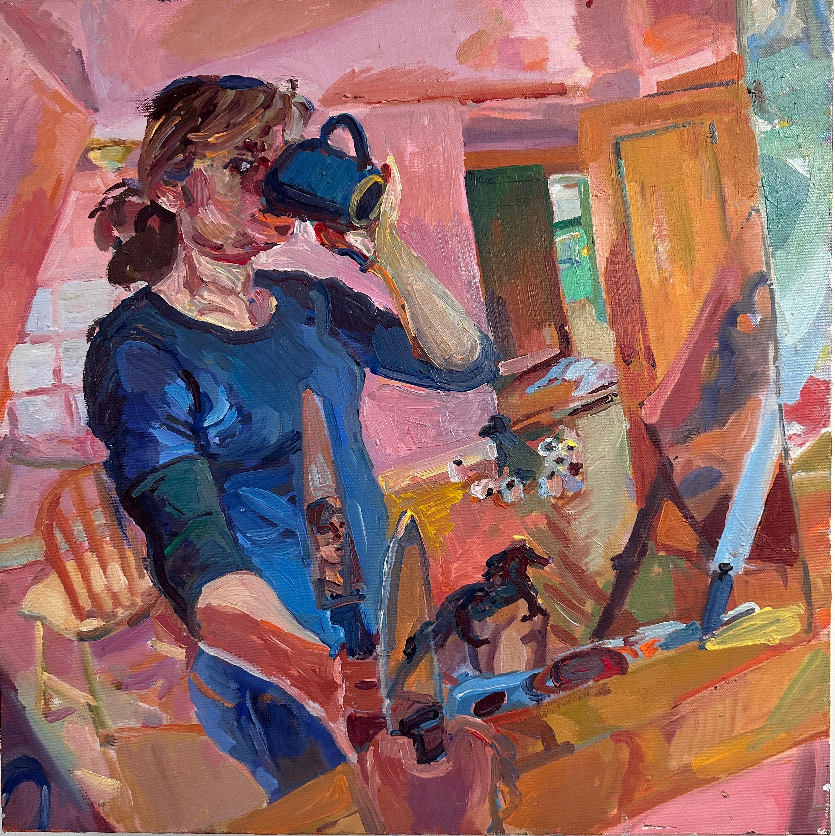 Jenny Toth Interior Painting – Mehrreihige Reflektionen mit einem Becher Joe, zeitgenössisch, rosa, blau, weiblich, kubistischer Stil 