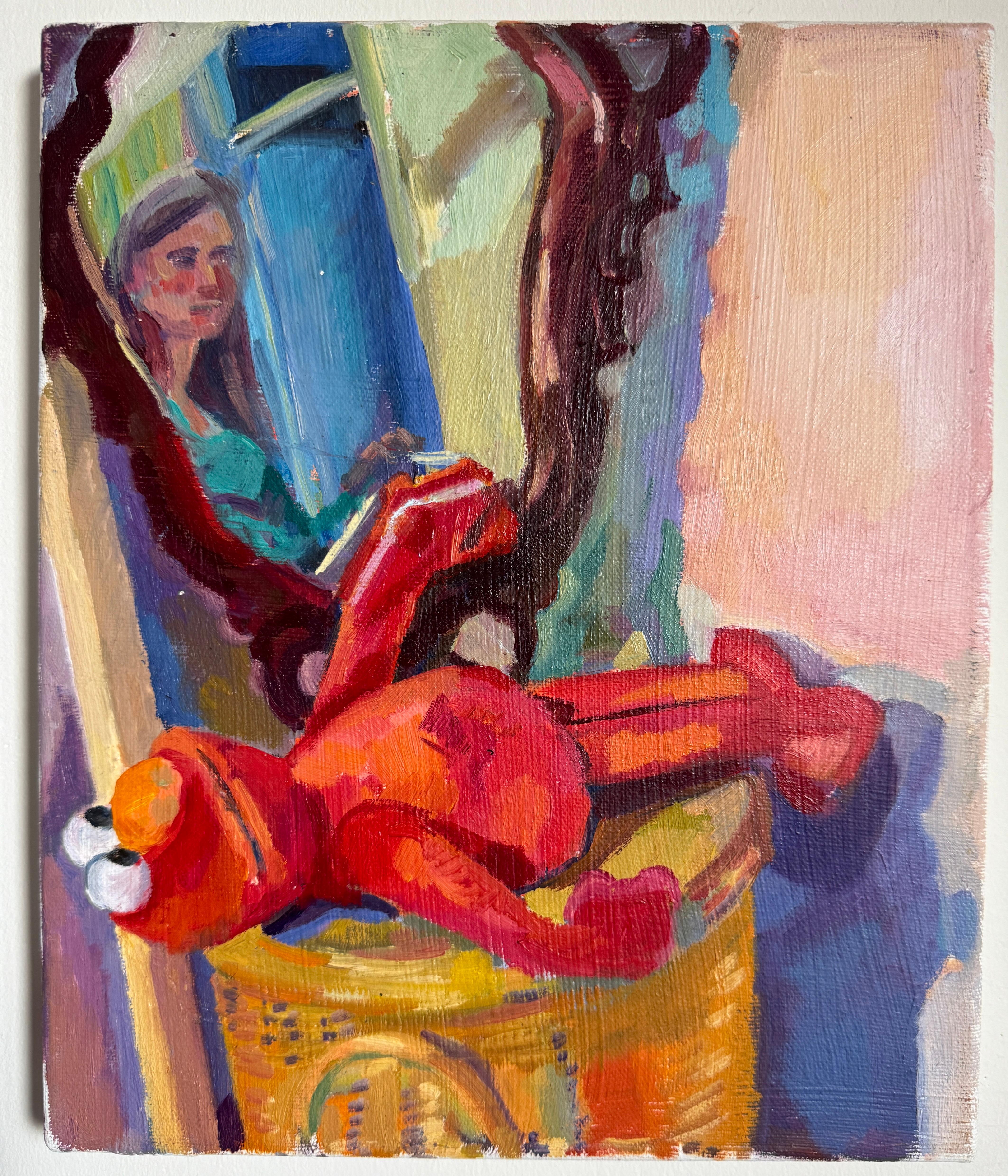 Jenny Toth Figurative Painting – Porträt des Künstlers mit Elmo, farbenfrohes Kindheitsthema mit ironischer Wendung