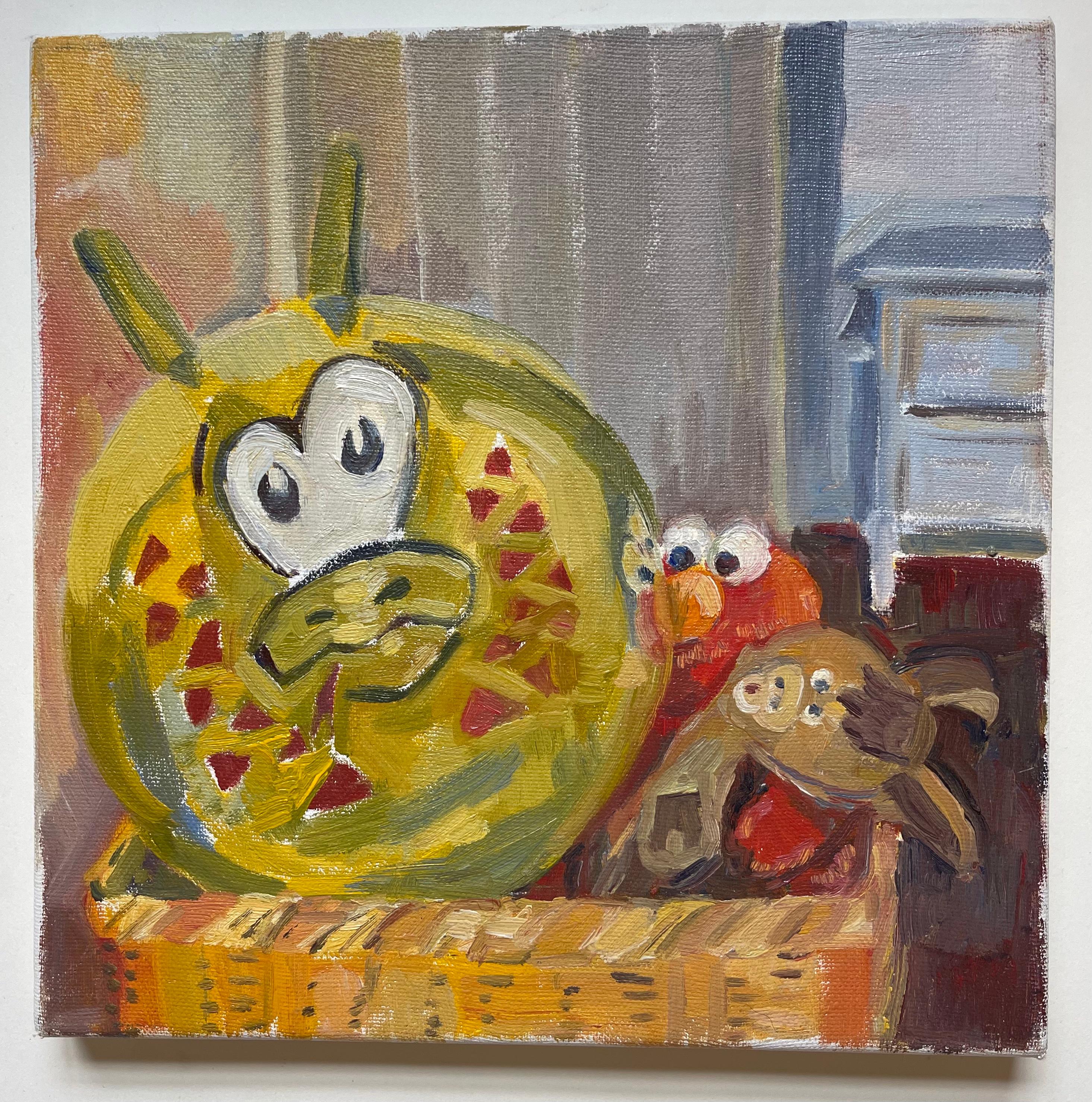 Jenny Toth Still-Life Painting - Toys in Basket, colorful whimsical childhood oil painting