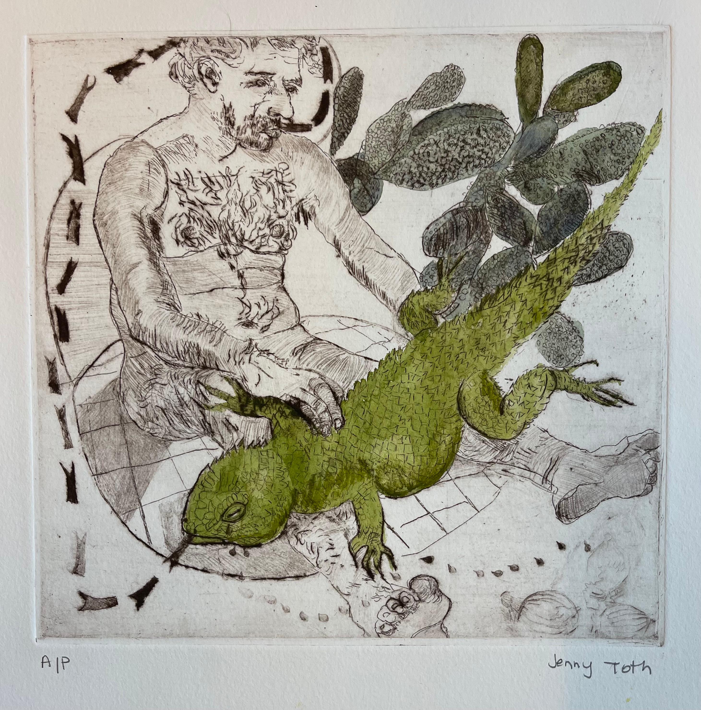 Jenny Toth Nude Print - Lizard Tongues and Tears, nude male and lizard, mostly monochromatic w green