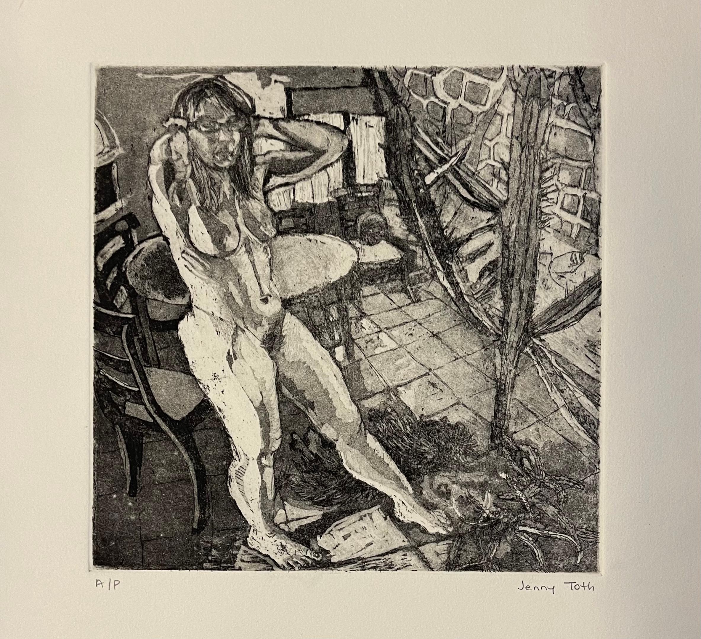 Nude Print Jenny Toth - Nu avec Cactus et chien dans le salon mexicain