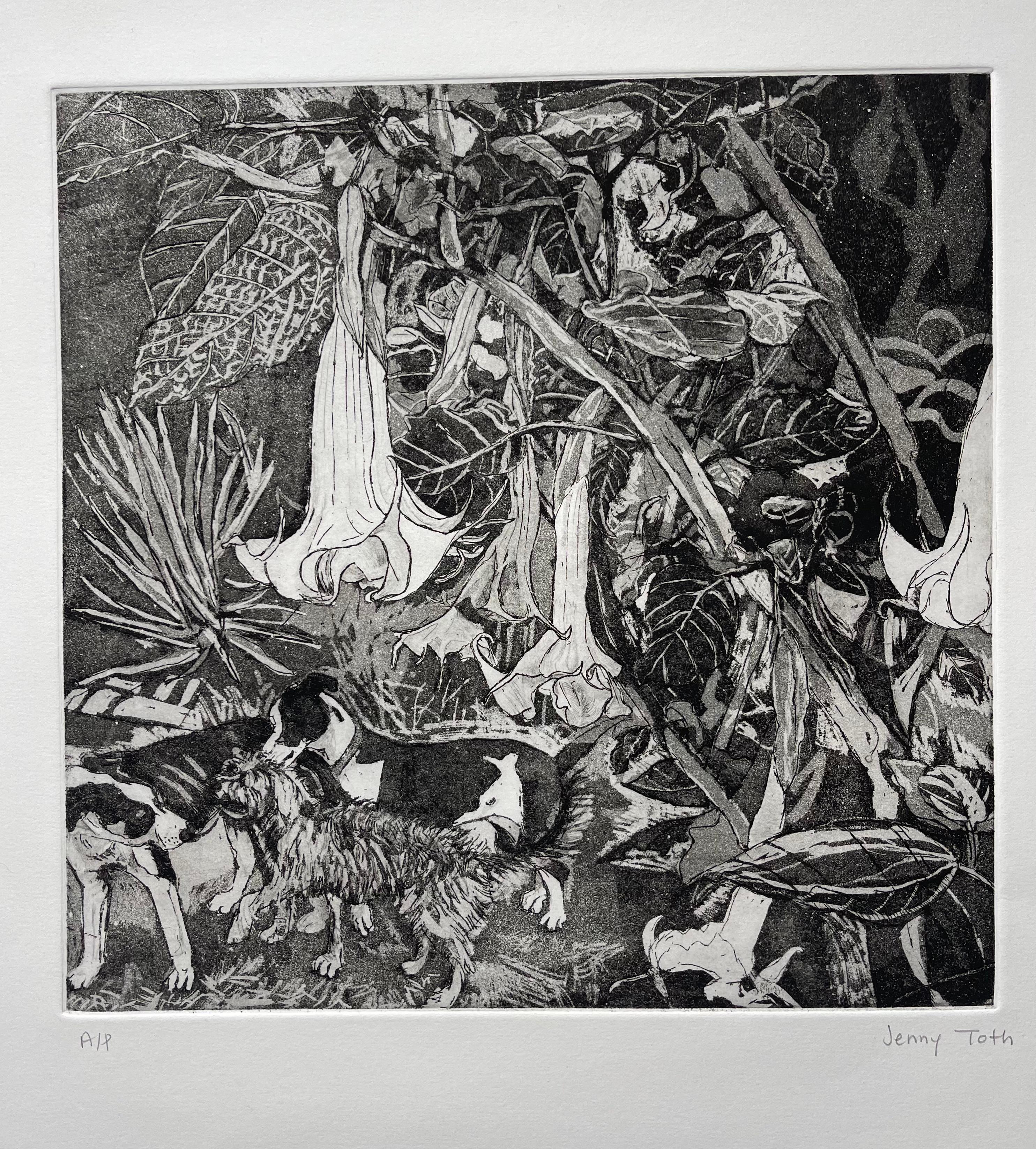 Flores de trompeta y perros juguetones, monocromático en blanco y negro