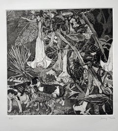 Flores de trompeta y perros juguetones, monocromático en blanco y negro