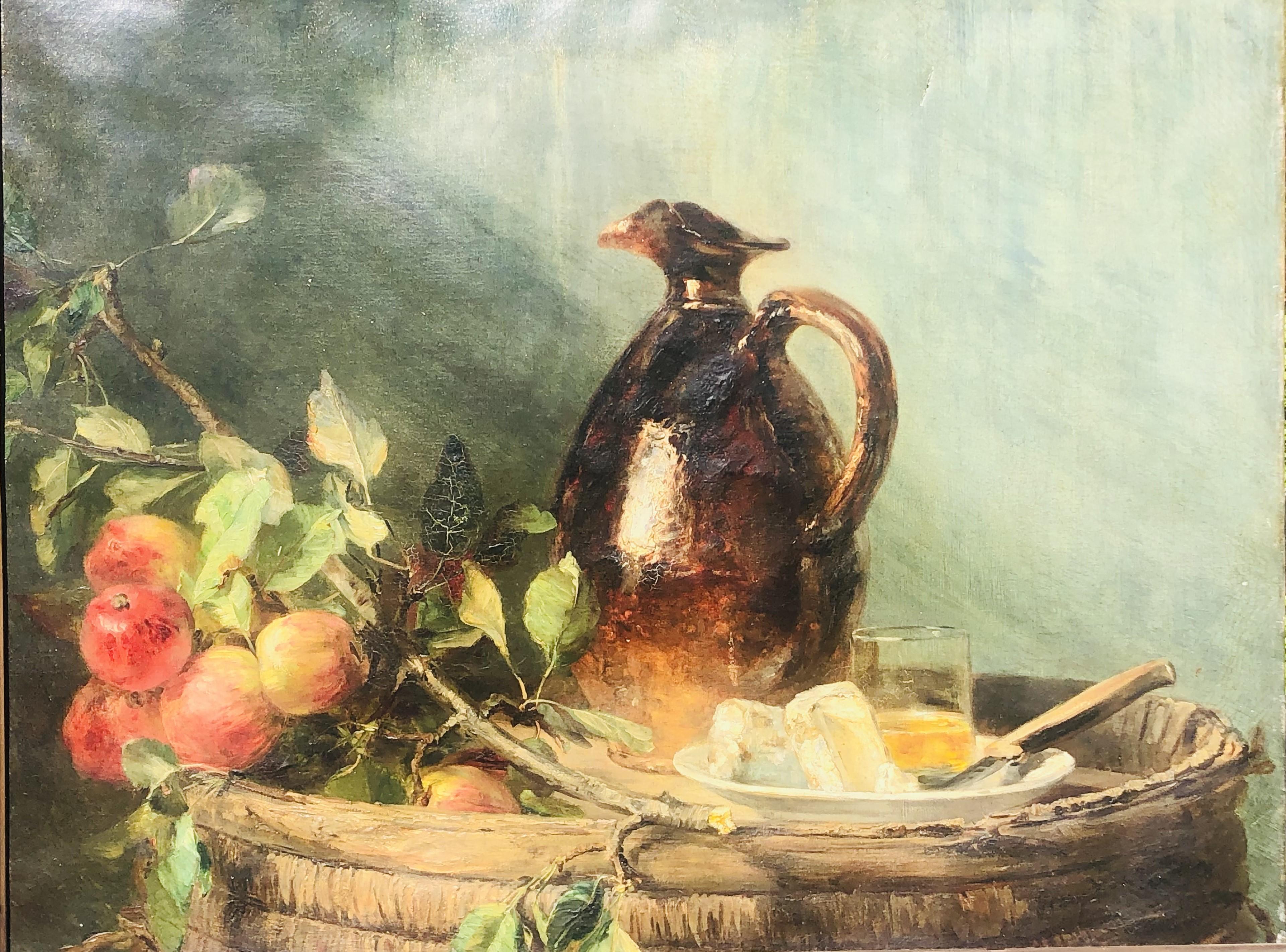 Belle nature morte du 19e siècle peinte par une importante femme peintre française, Jenny Villebesseyx (1847 - 1924).  Il s'agit d'une peinture à l'huile sur toile mesurant 23