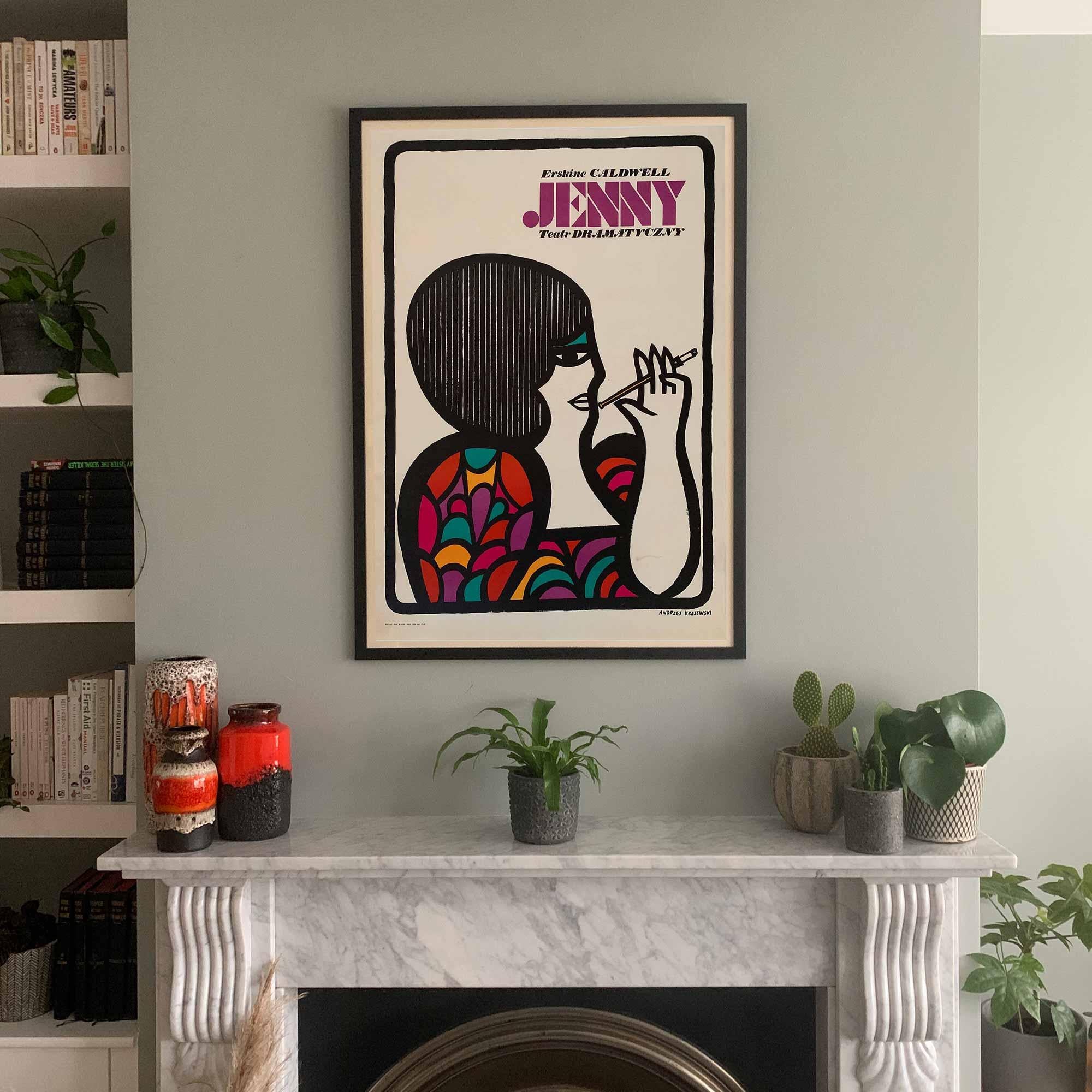 This original 1968 Polish theatre poster ‘Jenny’ by Andrzej Krajewski is just perfection. And beyond perfection if your name is Jenny :). She’s a wonderful example of Andrzej Krajewski’s characterful and naive illustrative style, and she’s oozing