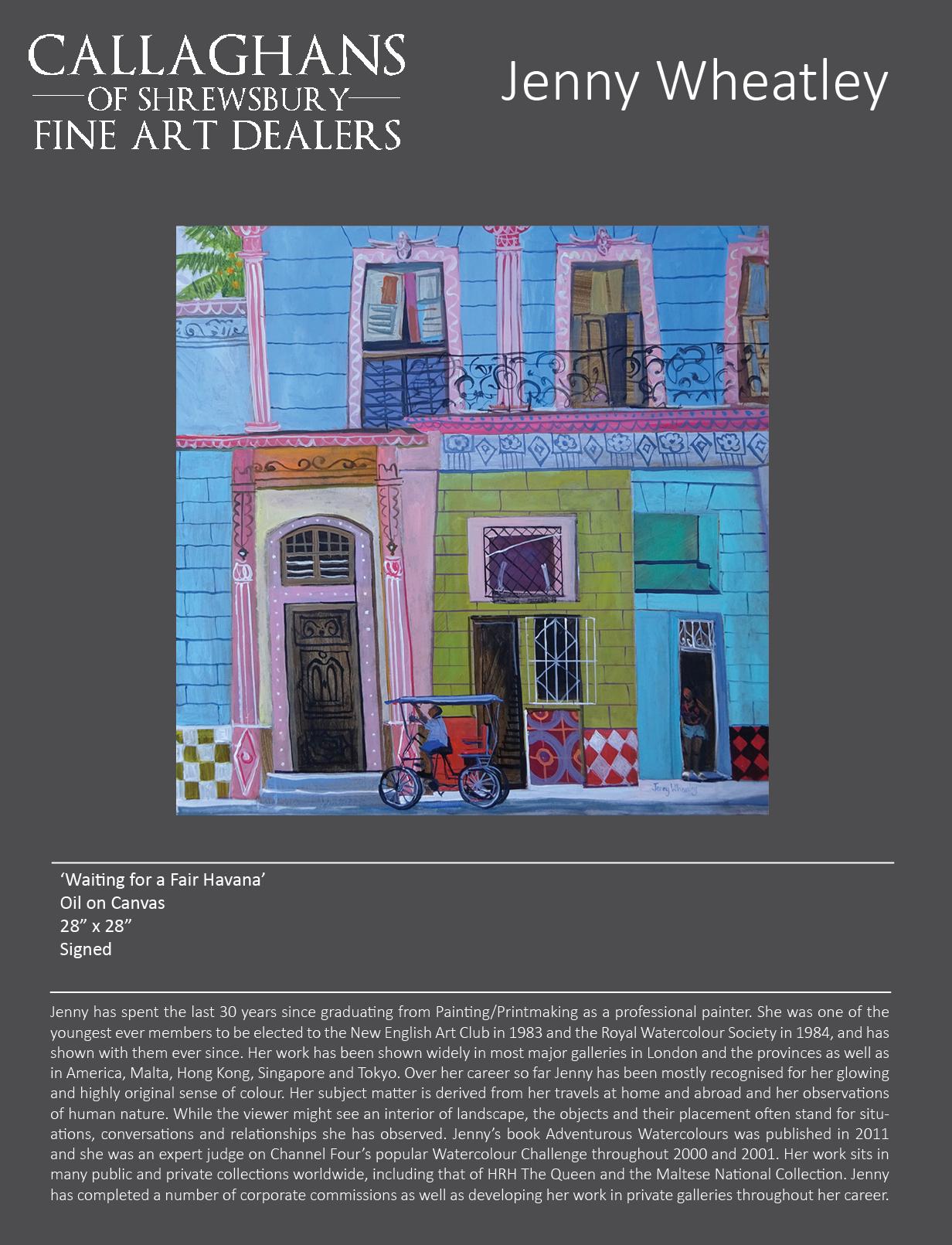 'Waiting for a Fare' is a vibrant, colourful and lively painting. Jenny Wheatley travels widely (always taking her paints with her) and draws her inspiration from her travels.

Jenny has been a professional painter for the last 30 years. She was one