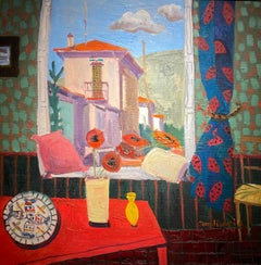 'Our Street' Contemporary Colourful Interior Painting of Flowers and building 