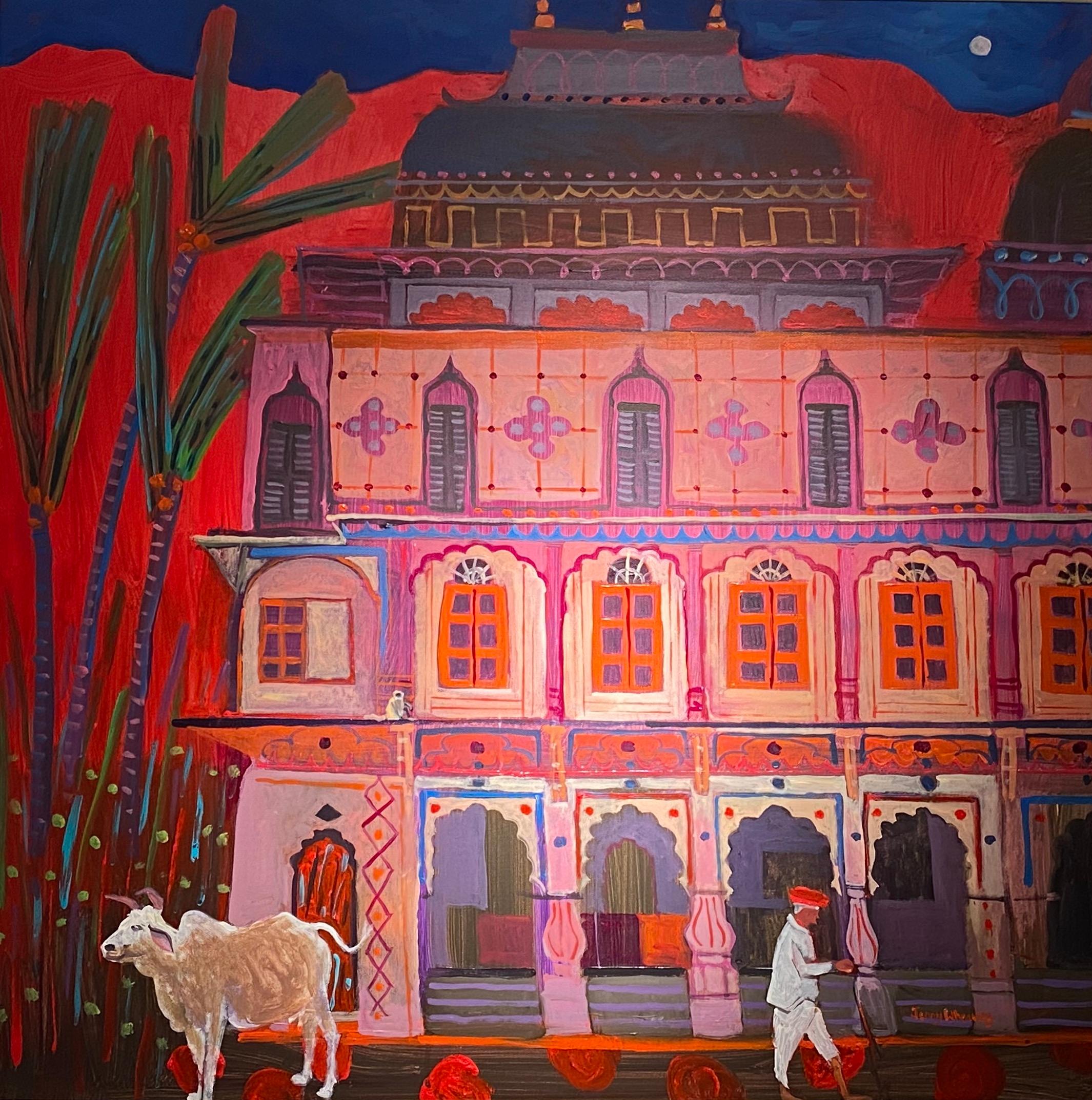 Jenny Wheatley - 'The Palace and Monkey' Red Contemporary landscape  painting of figure, building For Sale at 1stDibs