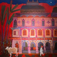 'The Palace and Monkey' Red Contemporary landscape painting of figure, building 
