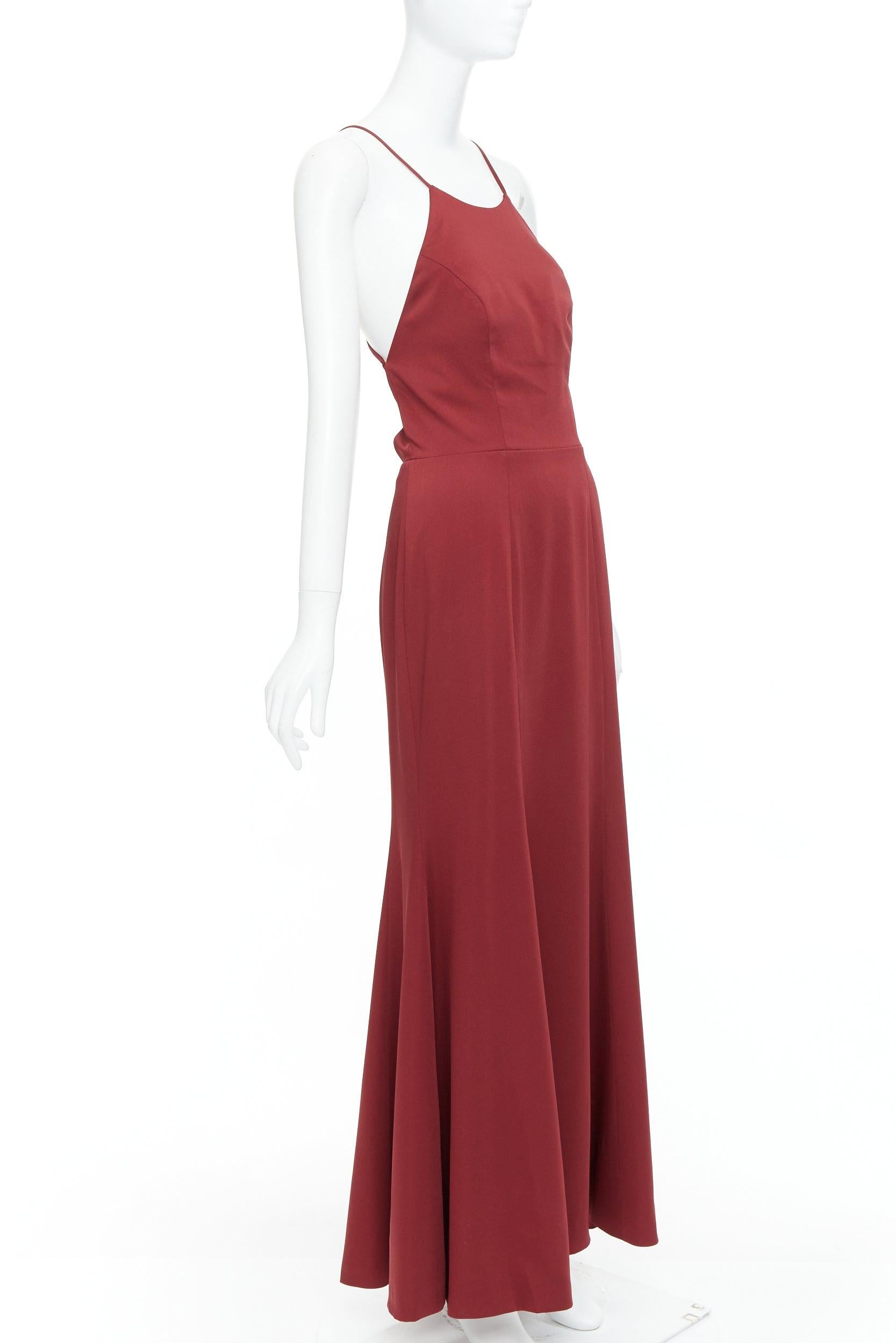 JENNY YOO rot Satin Halfter Spitze bis zurück fit flare lange Kleid US4 S (Braun) im Angebot