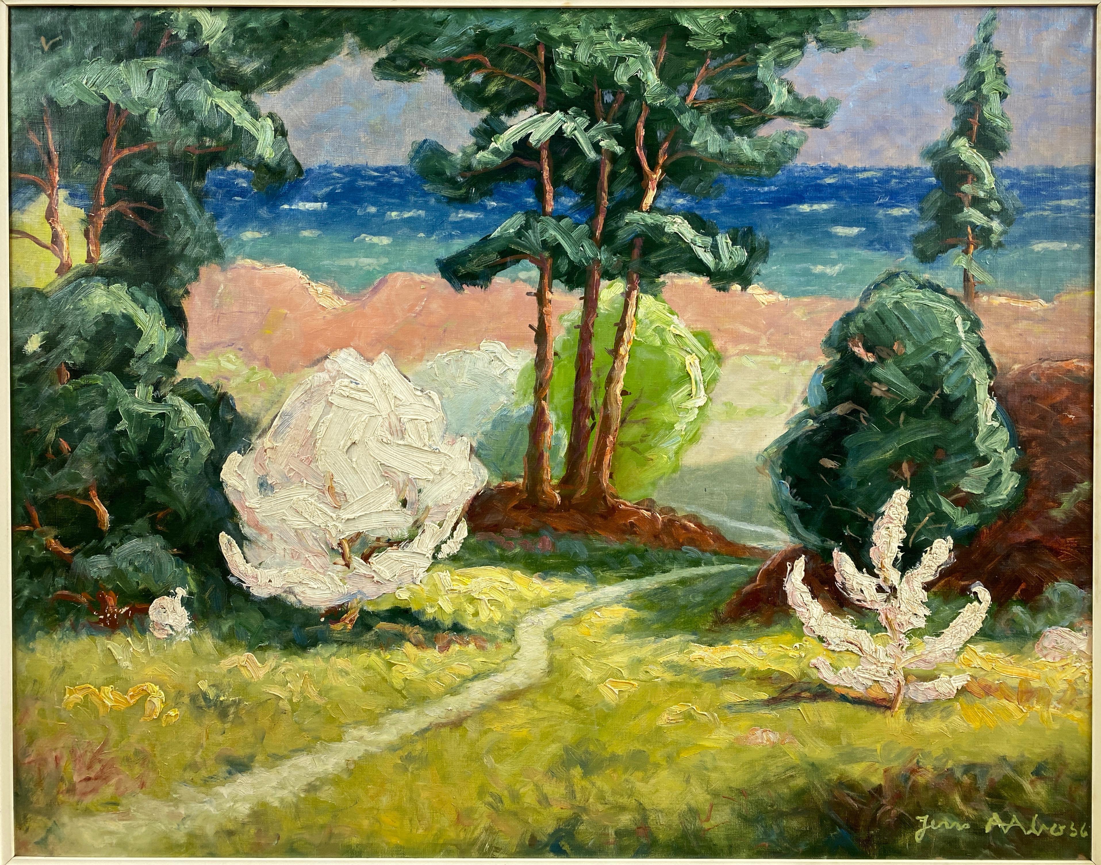 Mid-Century Modern Jens Aabo “Danish Coastal Pathway”, Impressionist Oil Painting, 1956