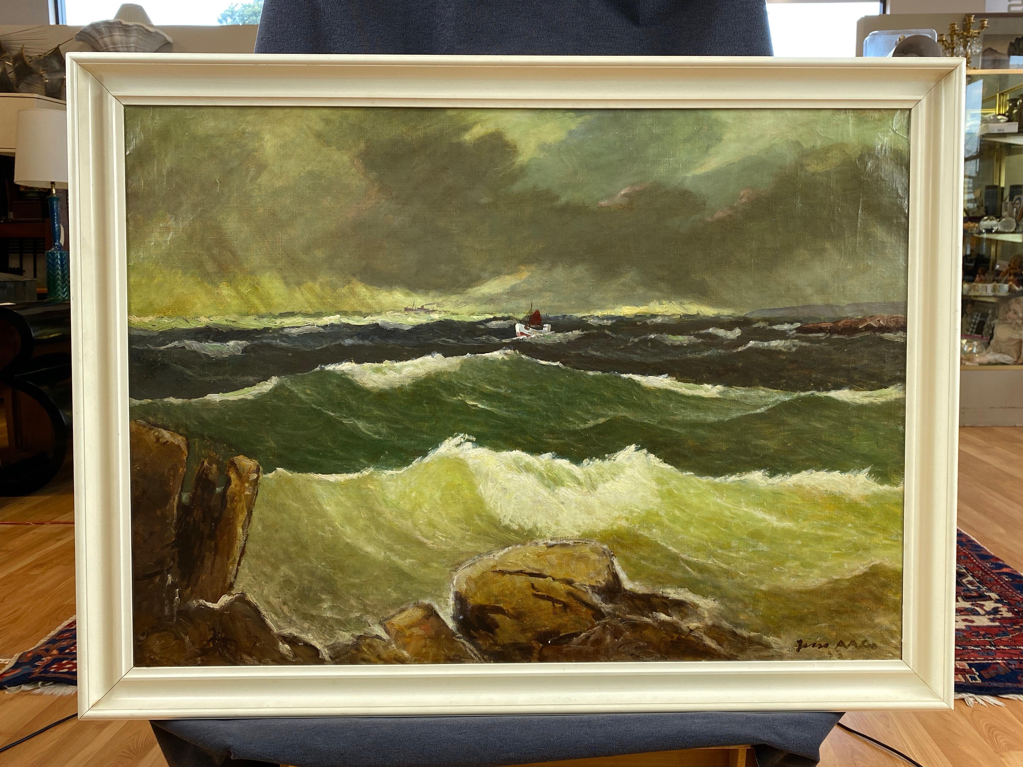 Jens Aabo “Stormy Seas Off a Danish Coast”, Oil Painting, 1953 3