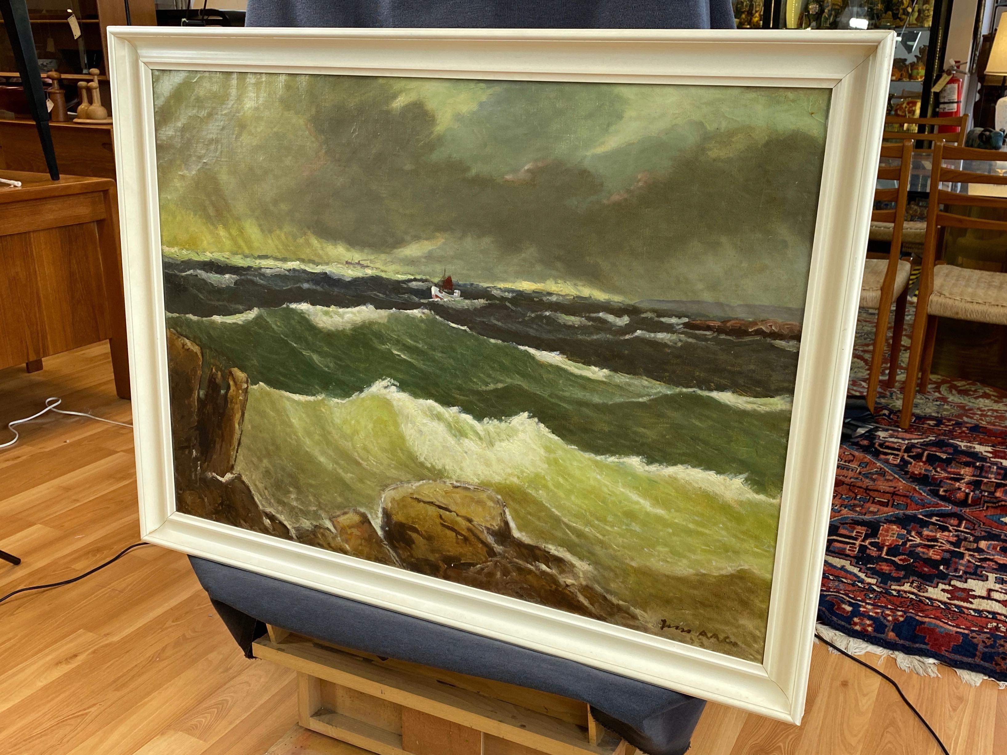 Jens Aabo “Stormy Seas Off a Danish Coast”, Oil Painting, 1953 4