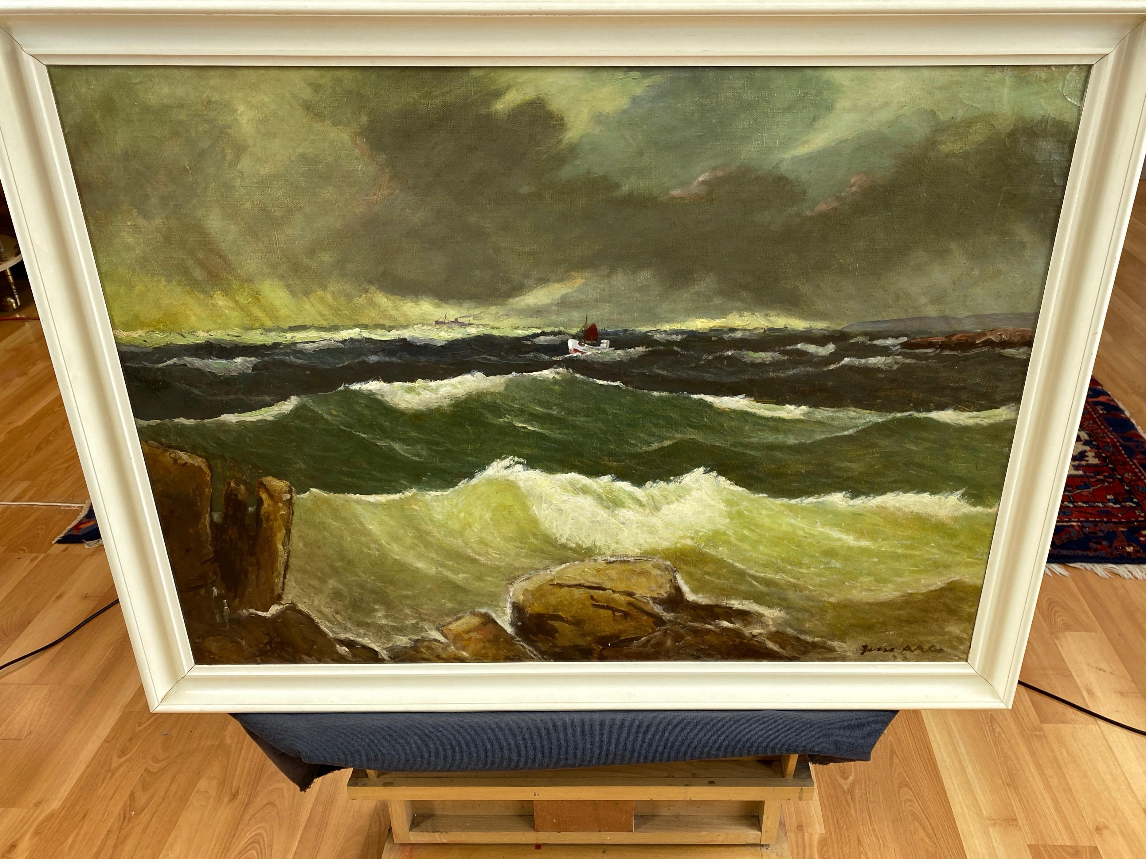 Jens Aabo “Stormy Seas Off a Danish Coast”, Oil Painting, 1953 5