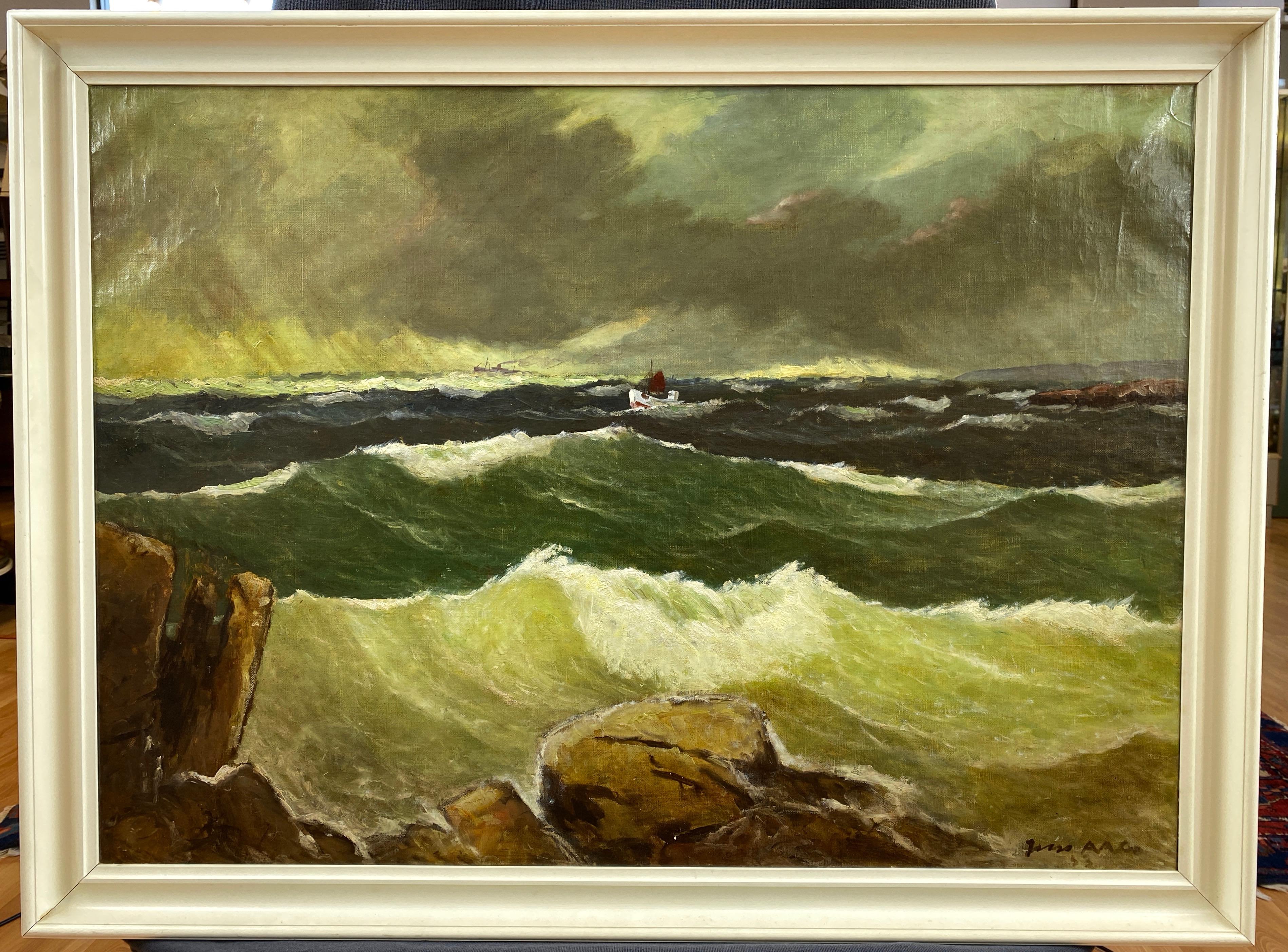 A 1953 oil painting of a stormy coastal sea by Jens Aabo, who was born in 1898 on the small Danish island of Bornholm.

Atmospheric scene depicts a tiny sailboat as it bobs in waves crashing against a rocky shore, while a steamer ship on the