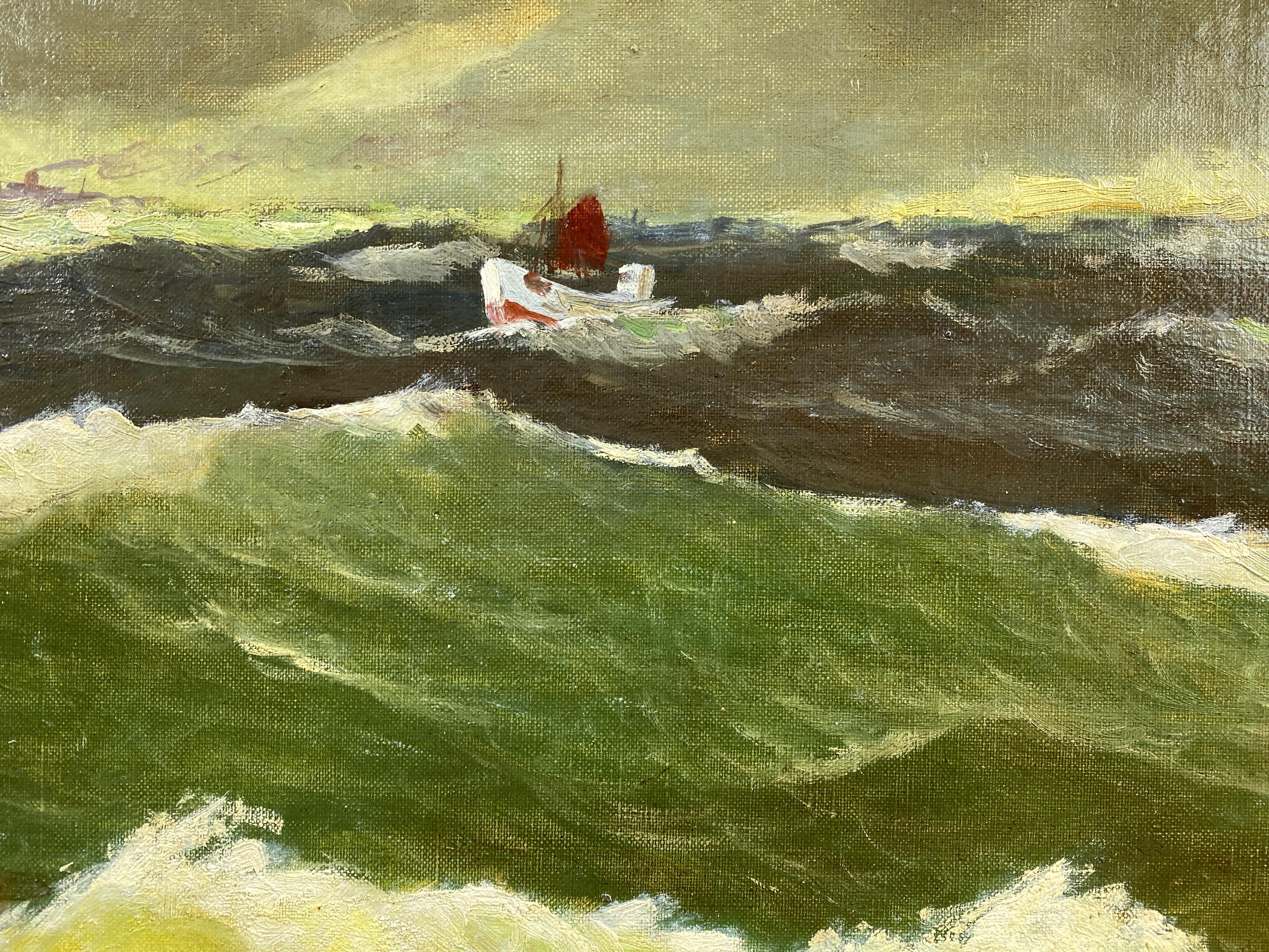 Mid-Century Modern Jens Aabo “Stormy Seas Off a Danish Coast”, Oil Painting, 1953