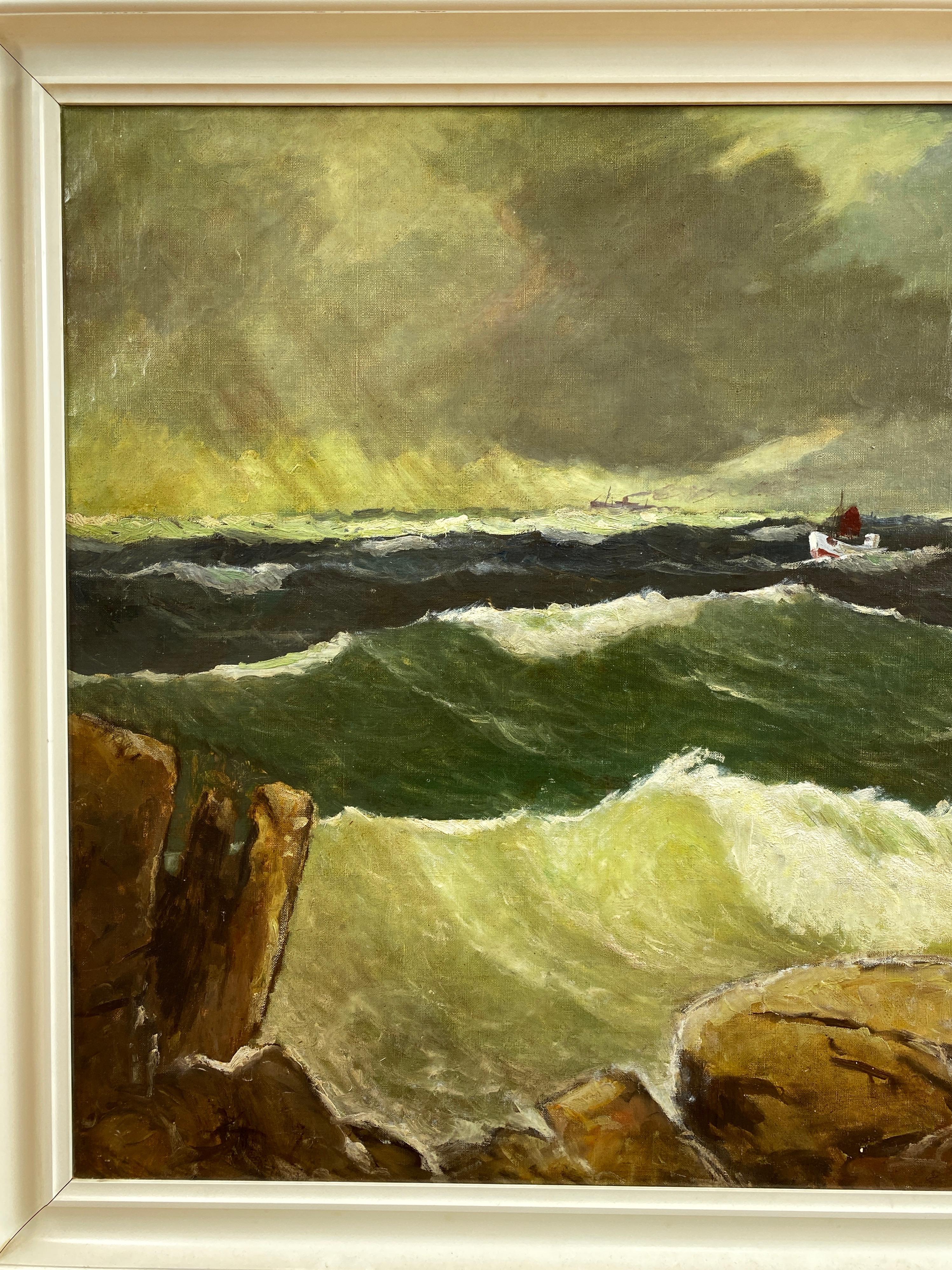 Jens Aabo “Stormy Seas Off a Danish Coast”, Oil Painting, 1953 In Good Condition In San Francisco, CA