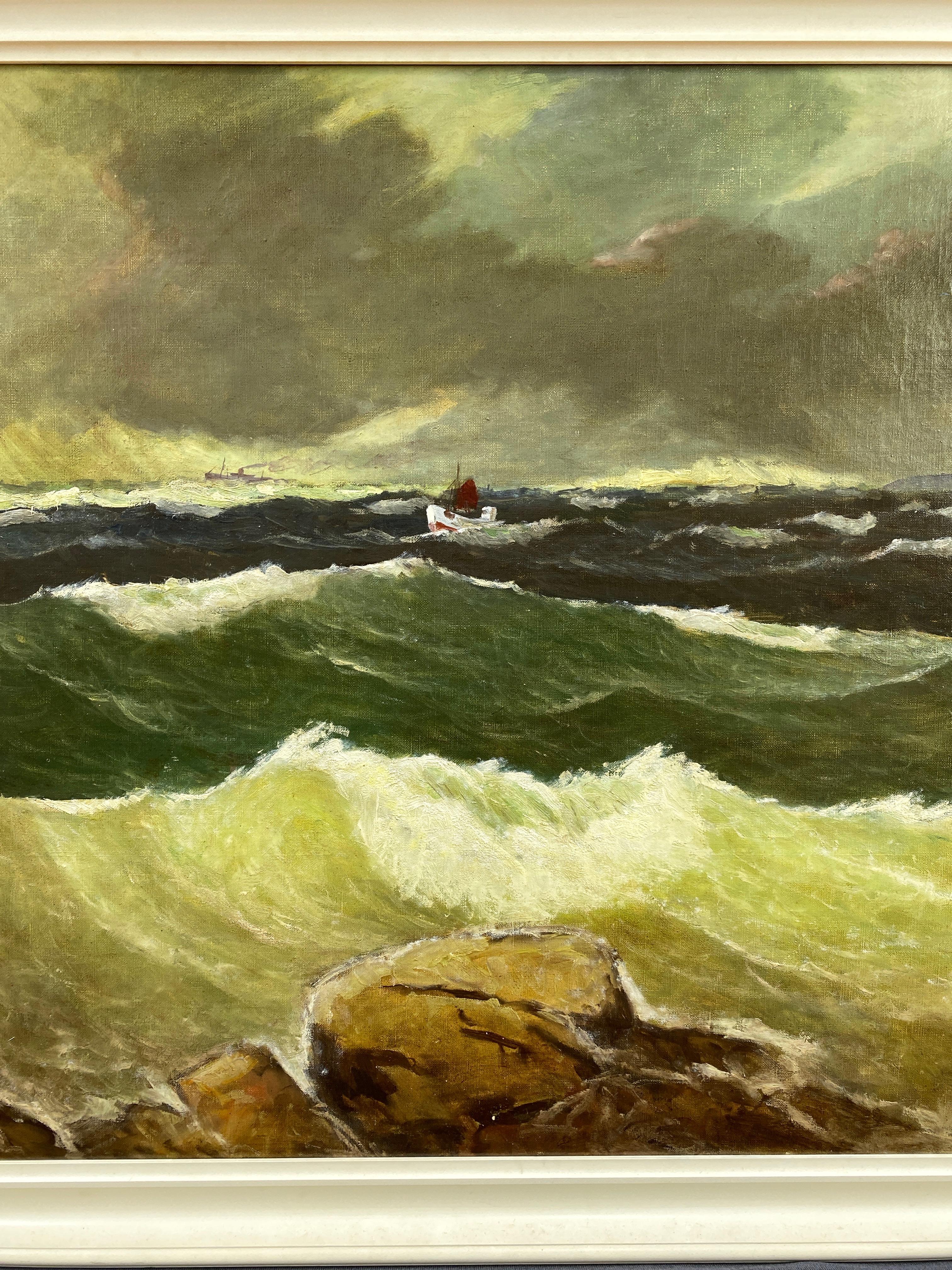 Mid-20th Century Jens Aabo “Stormy Seas Off a Danish Coast”, Oil Painting, 1953