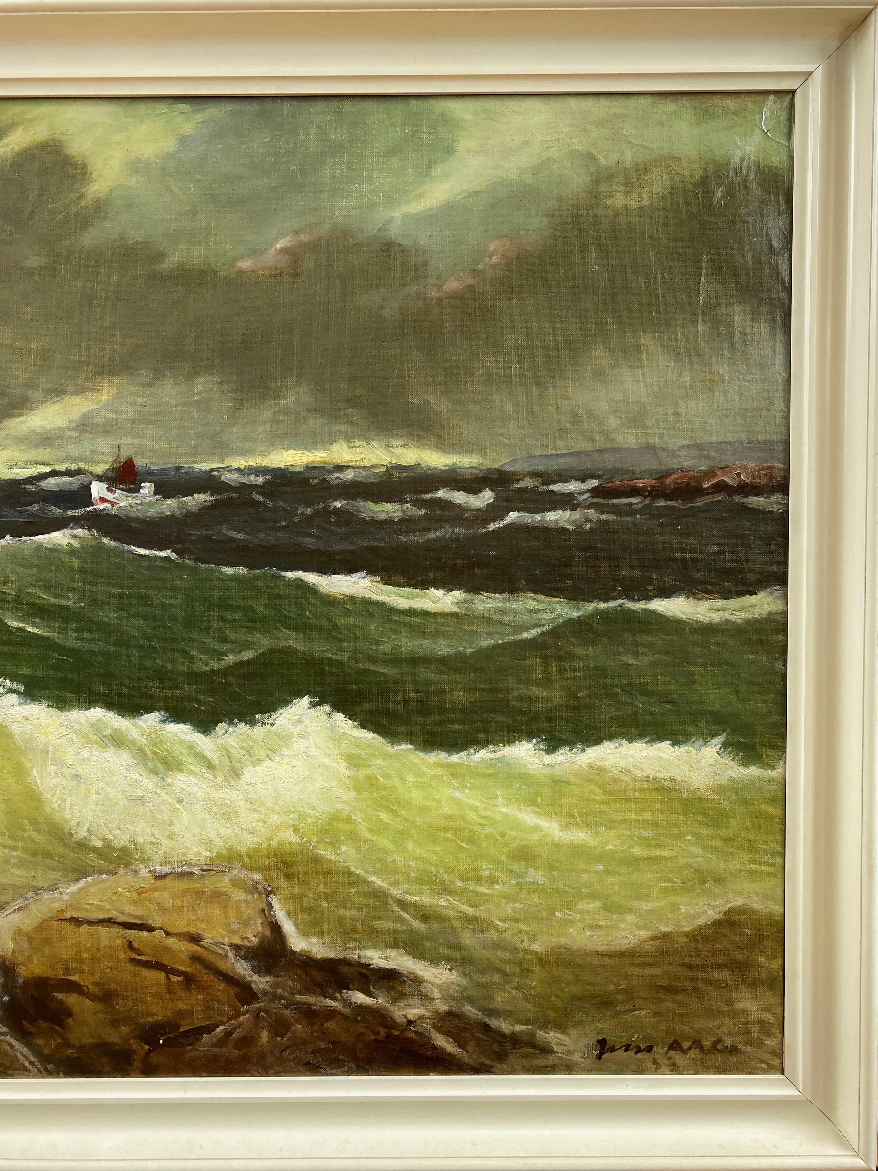 Canvas Jens Aabo “Stormy Seas Off a Danish Coast”, Oil Painting, 1953