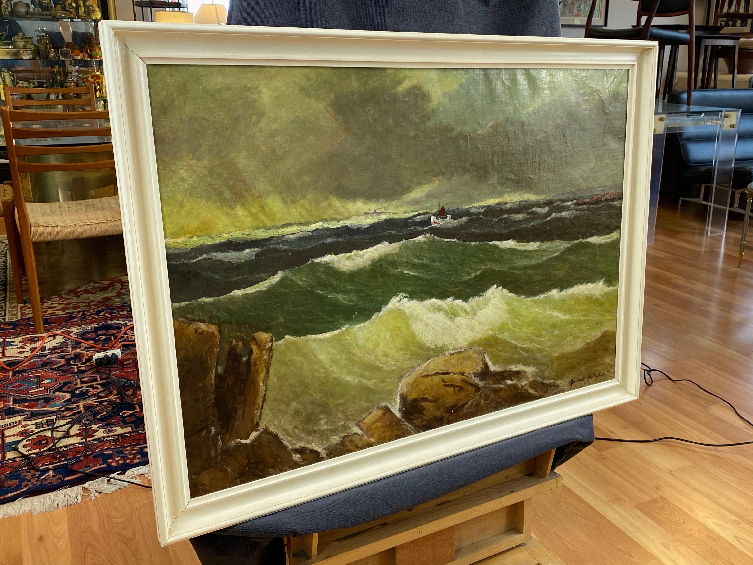 Jens Aabo “Stormy Seas Off a Danish Coast”, Oil Painting, 1953 2