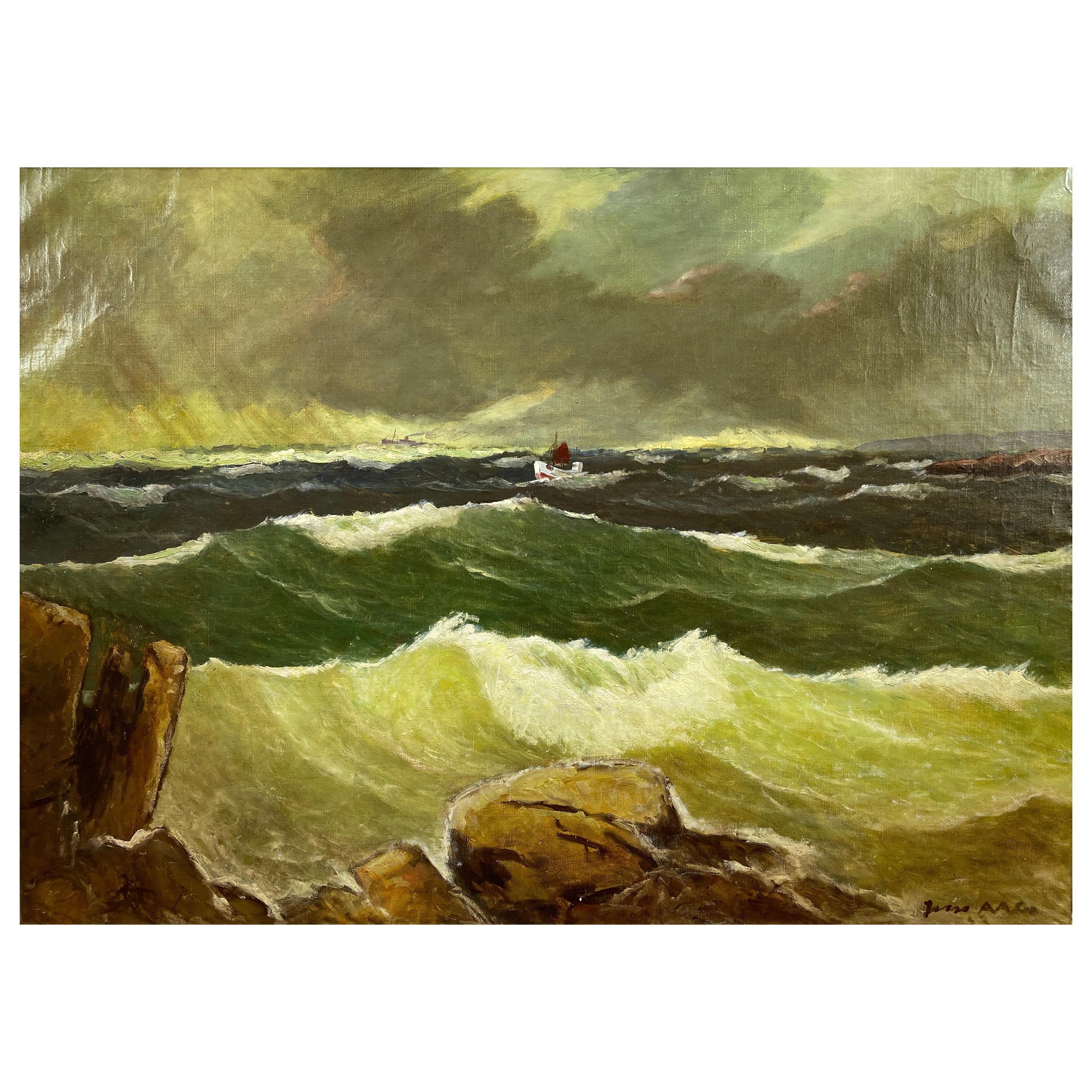 Jens Aabo “Stormy Seas Off a Danish Coast”, Oil Painting, 1953