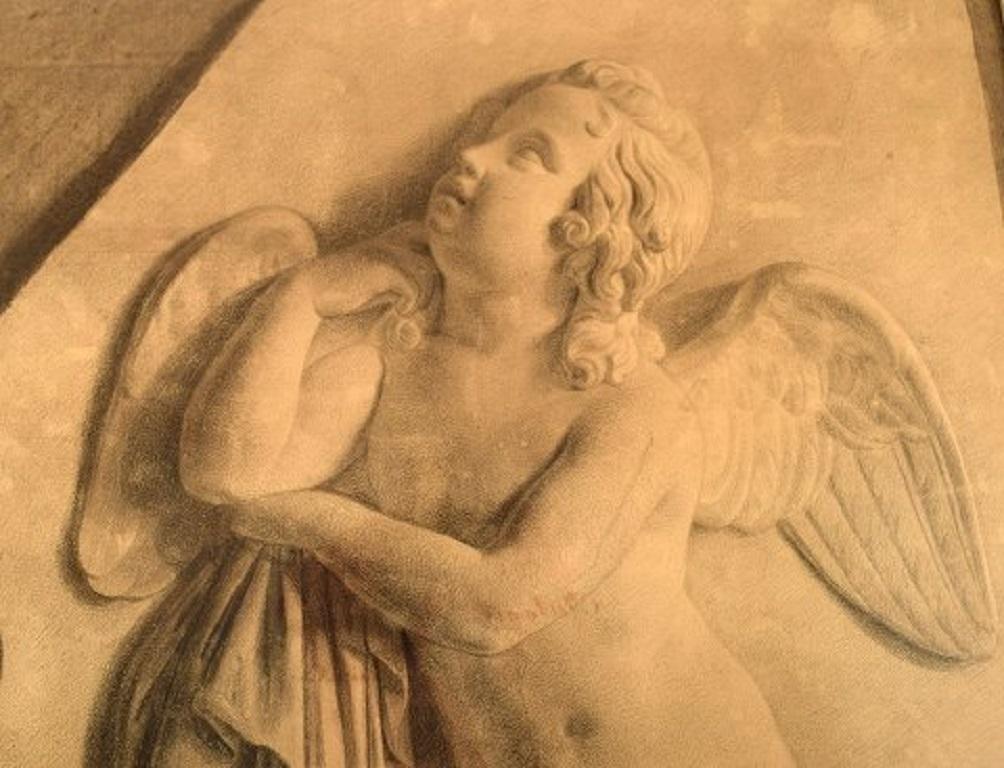 Neoclassical Jens Adolf Jerichau, Antique Pencil Drawing on Paper, Angel, Dated 1852 For Sale