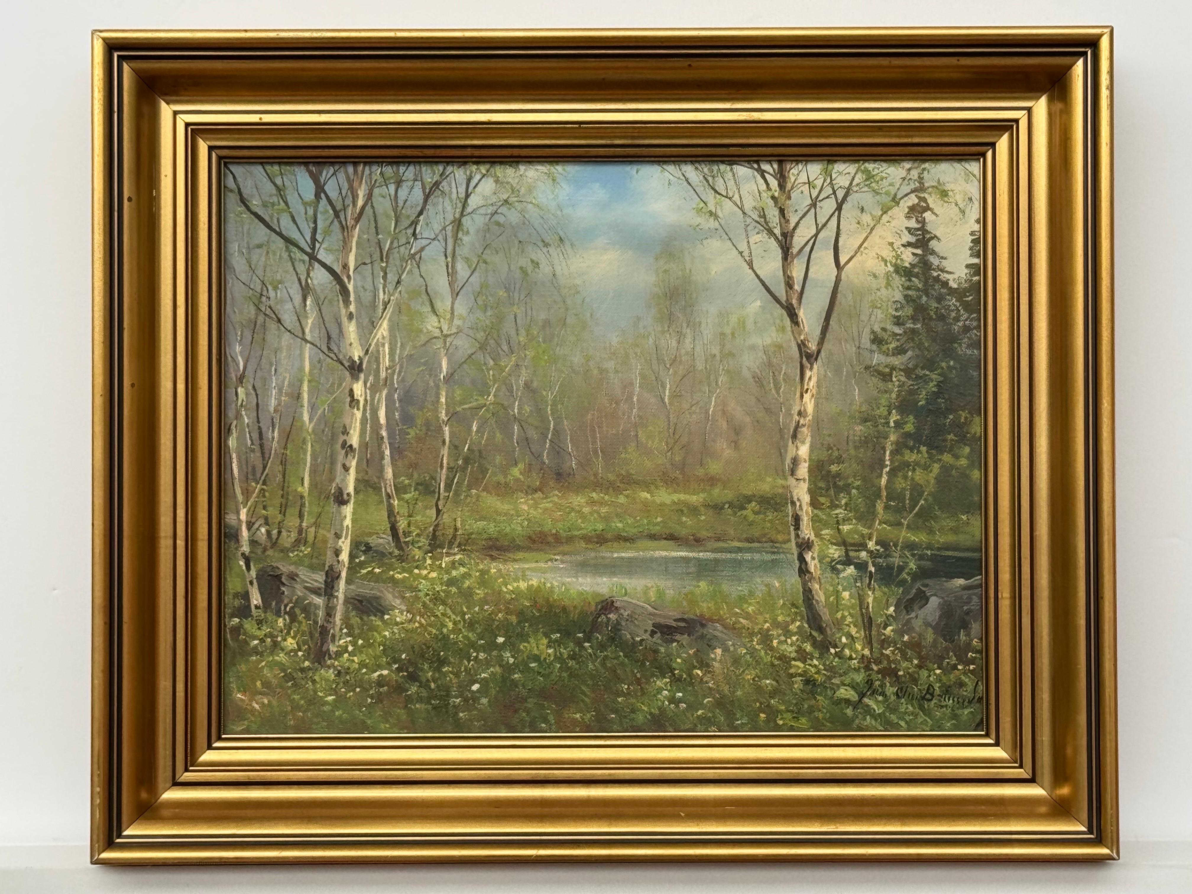 Forest Landscape in Scandinavia with Silver Birch Trees by Danish Artist - Painting by Jens Christian Bennedsen