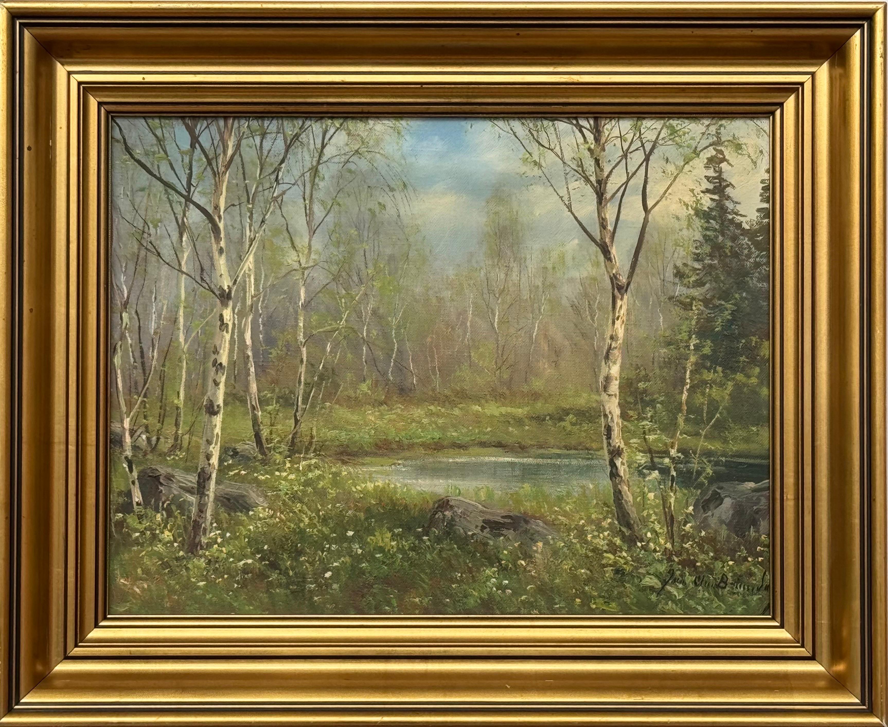 Jens Christian Bennedsen Figurative Painting - Forest Landscape in Scandinavia with Silver Birch Trees by Danish Artist