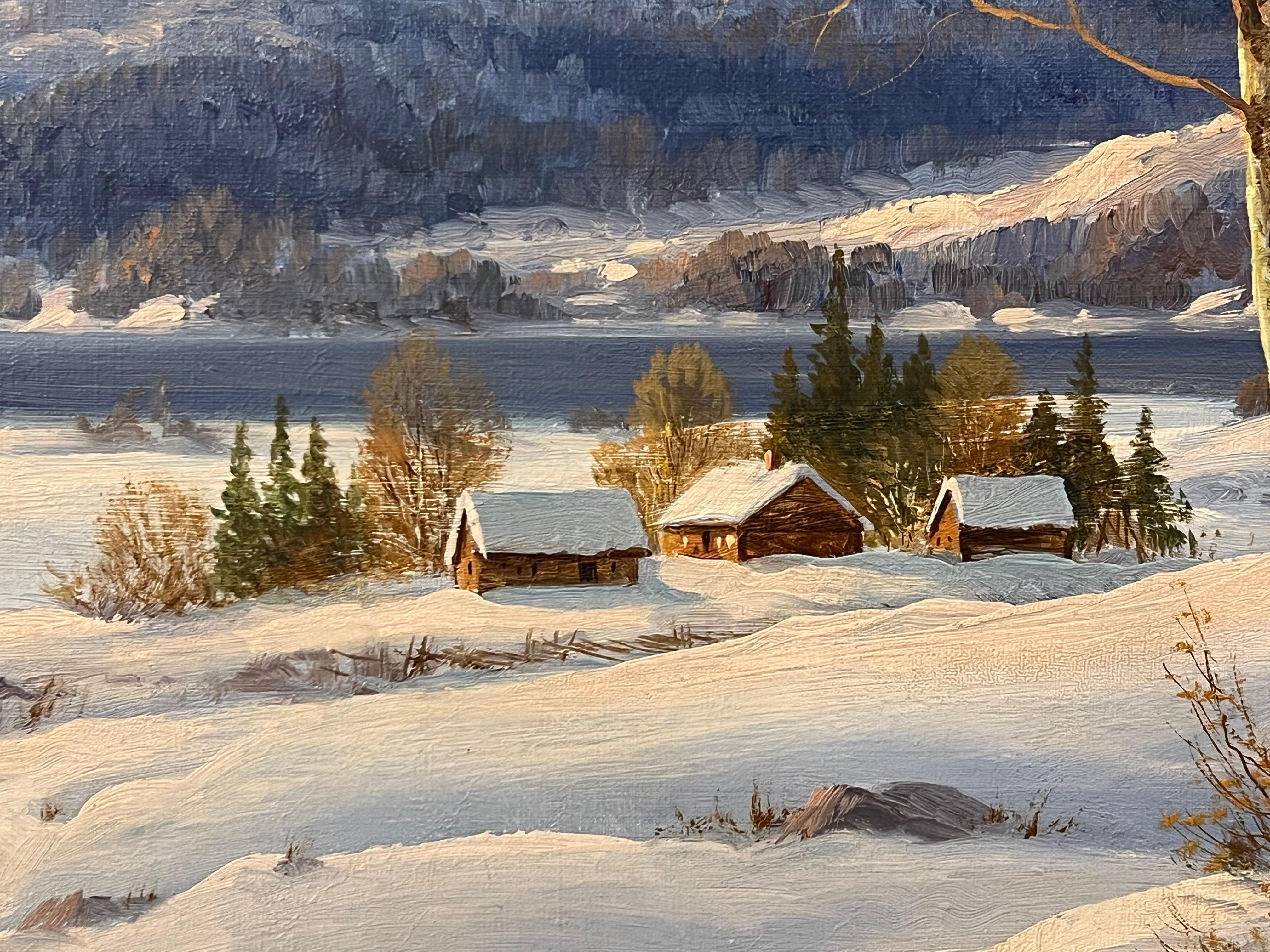 Swedish Hamlet in a Snowy Winter Landscape with Birch Trees by Danish Artist For Sale 5