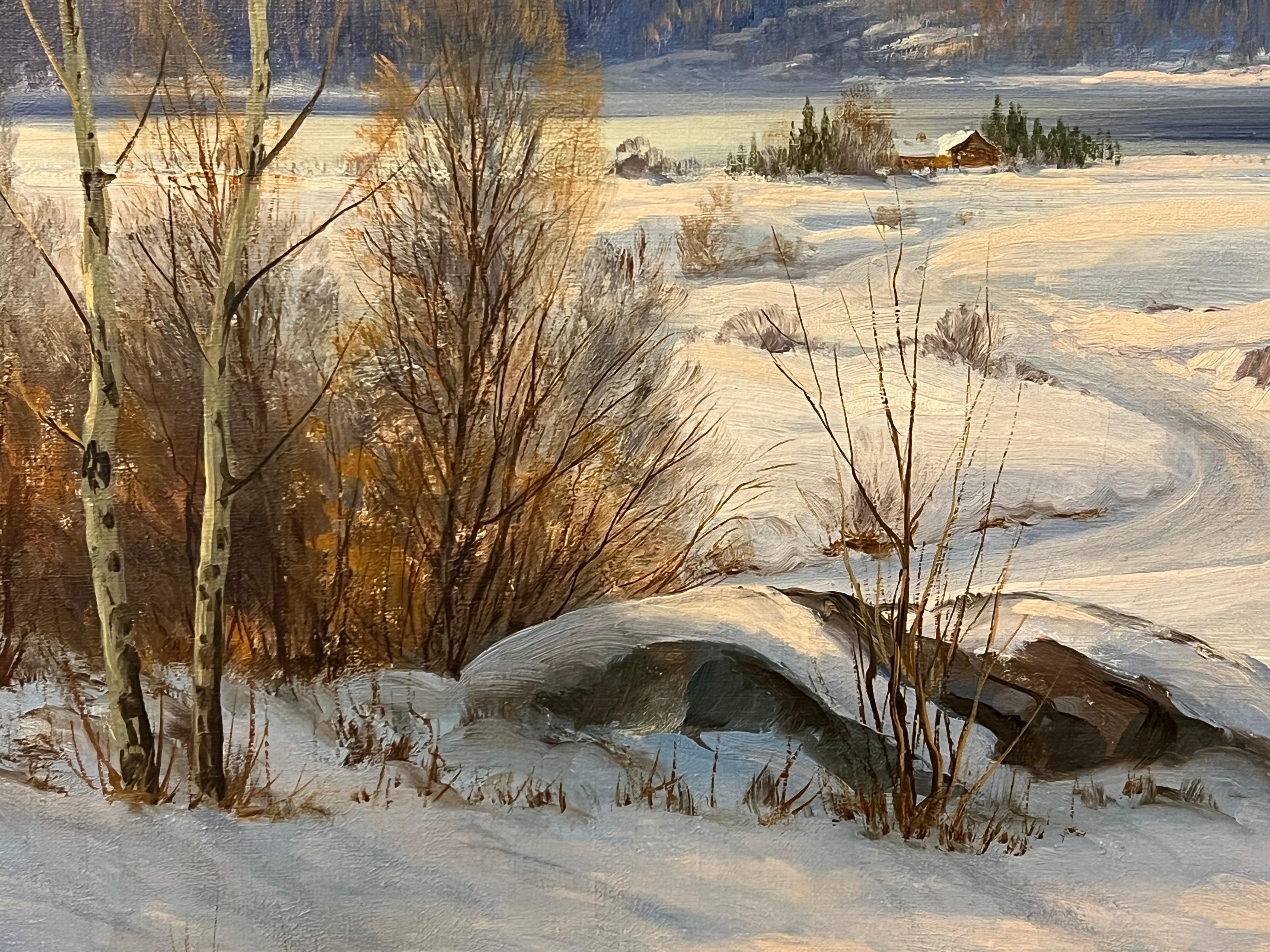 Swedish Hamlet in a Snowy Winter Landscape with Birch Trees by Danish Artist For Sale 6