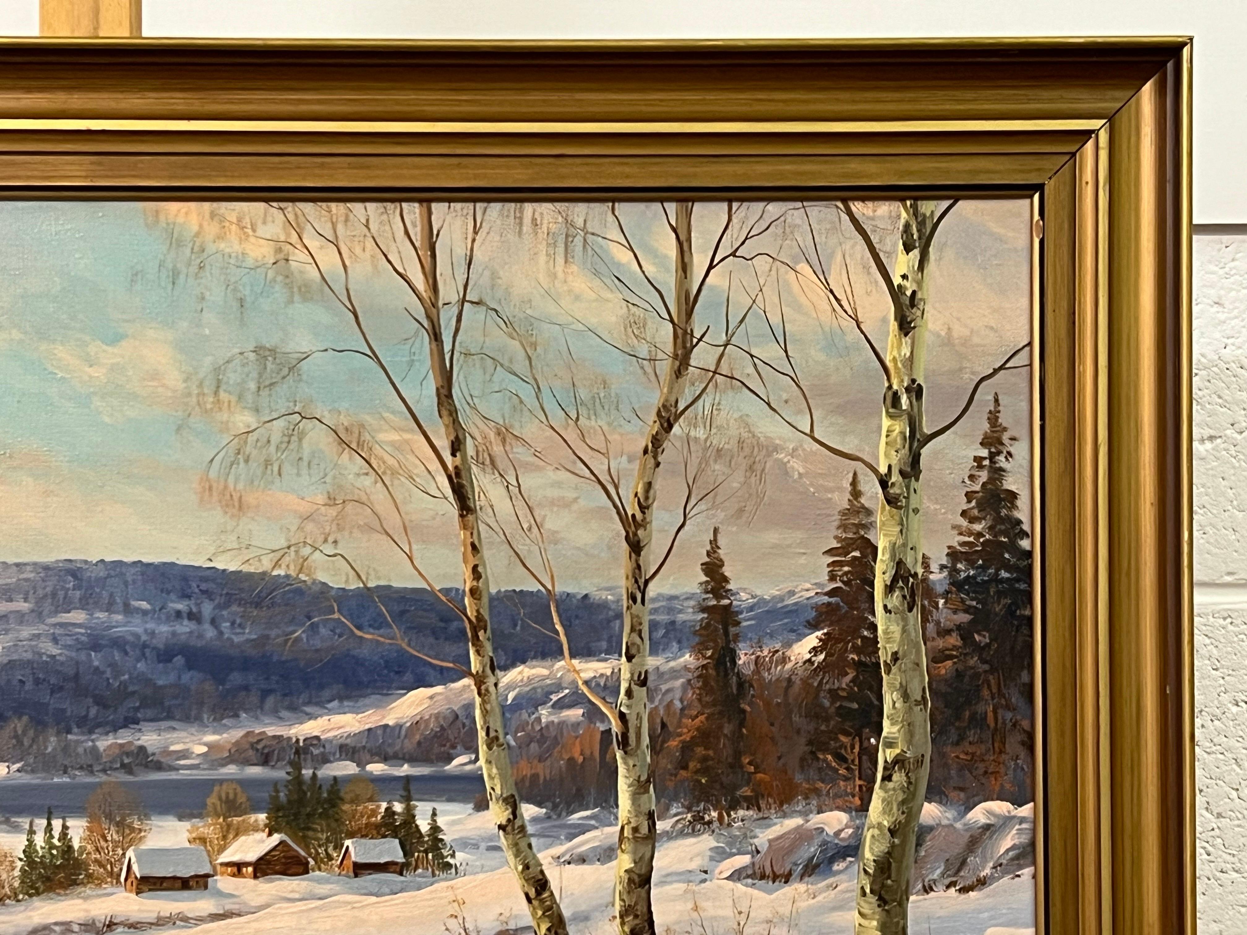 Swedish Hamlet in a Snowy Winter Landscape with Birch Trees by Danish Artist For Sale 10