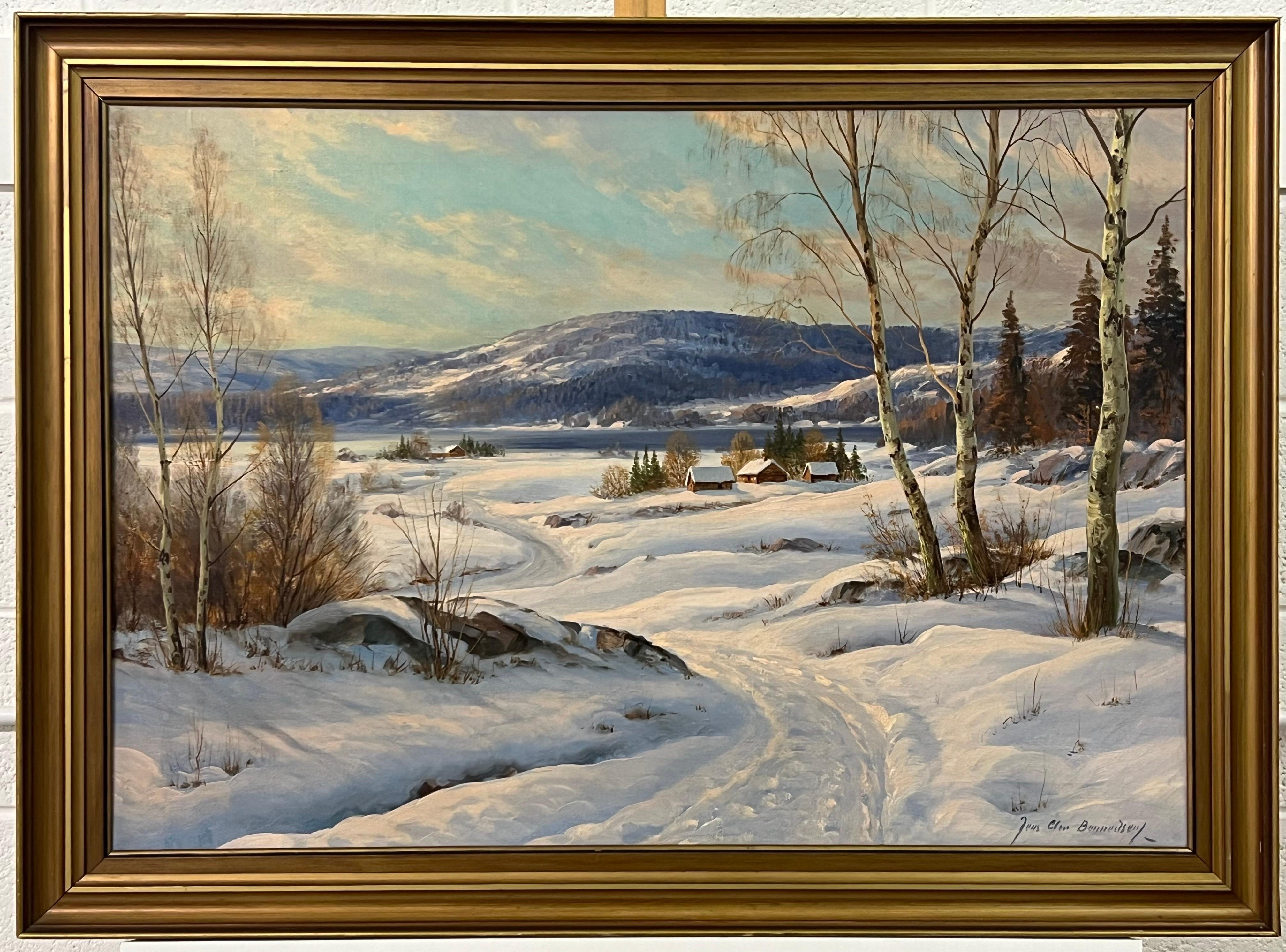 Swedish Hamlet in a Snowy Winter Landscape with Birch Trees by Danish Artist For Sale 14