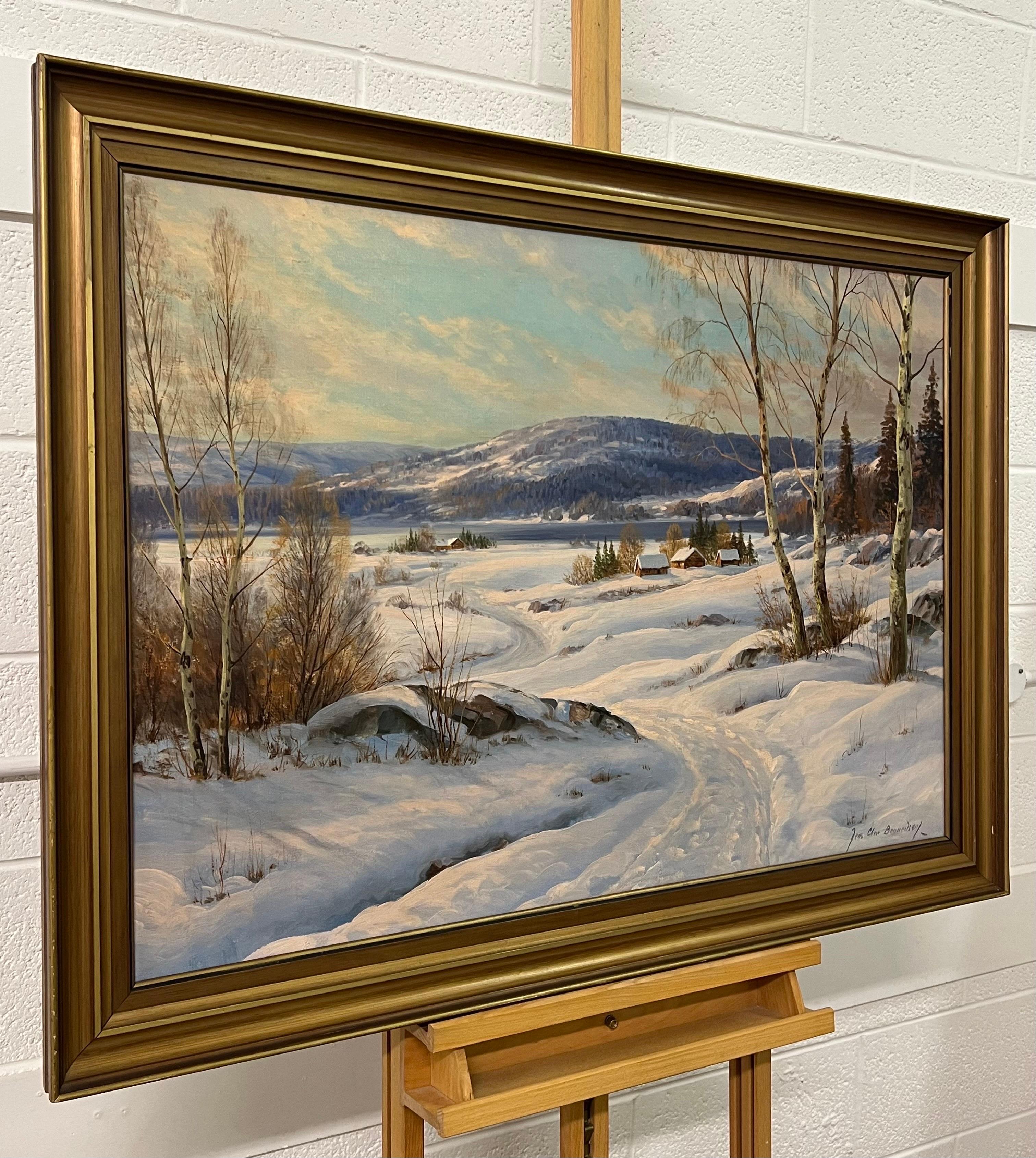 Swedish Hamlet in a Snowy Winter Landscape with Birch Trees by Danish Artist - Painting by Jens Christian Bennedsen