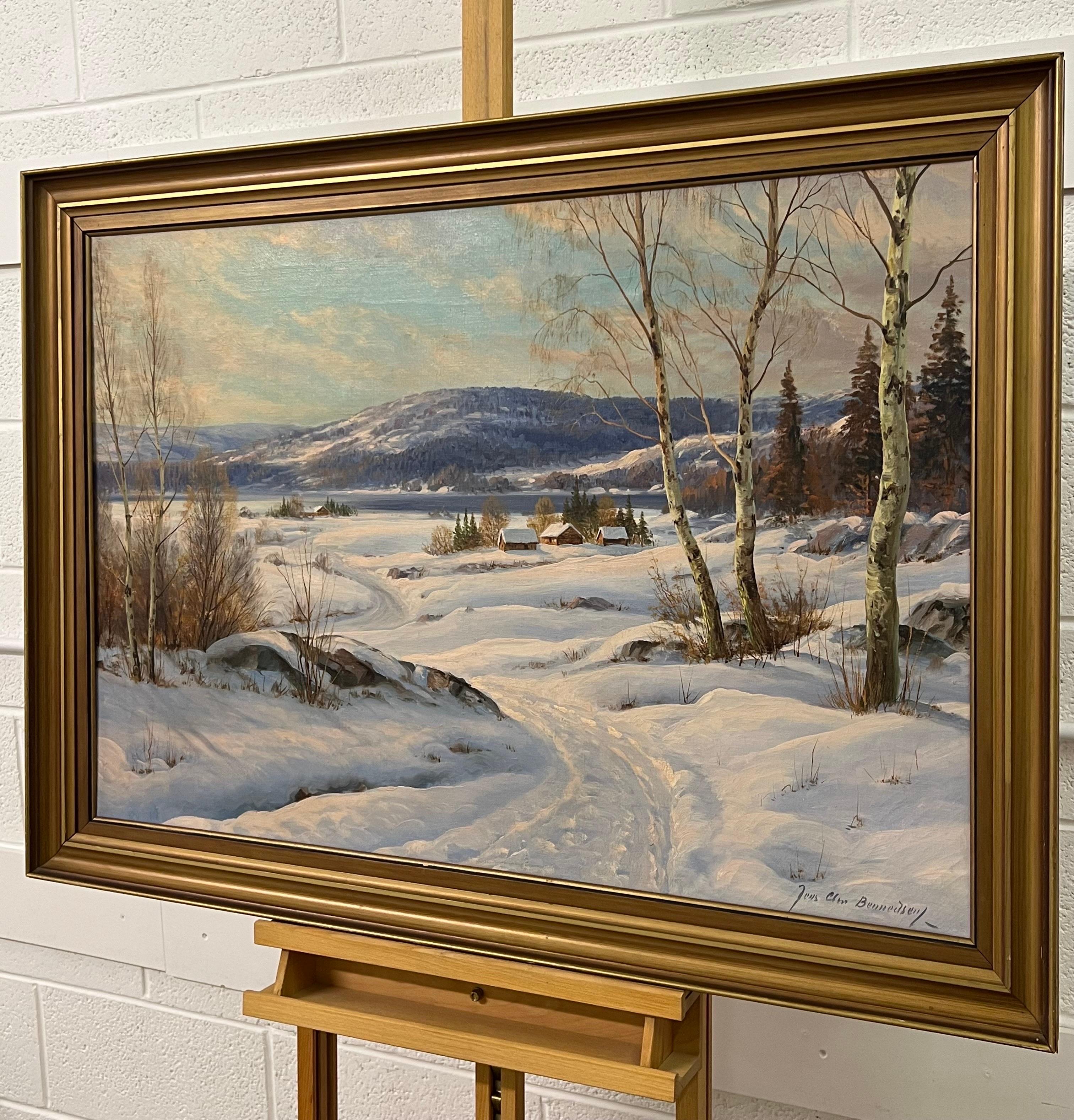 Swedish Hamlet in a Snowy Winter Landscape with Birch Trees by Danish Artist - Realist Painting by Jens Christian Bennedsen