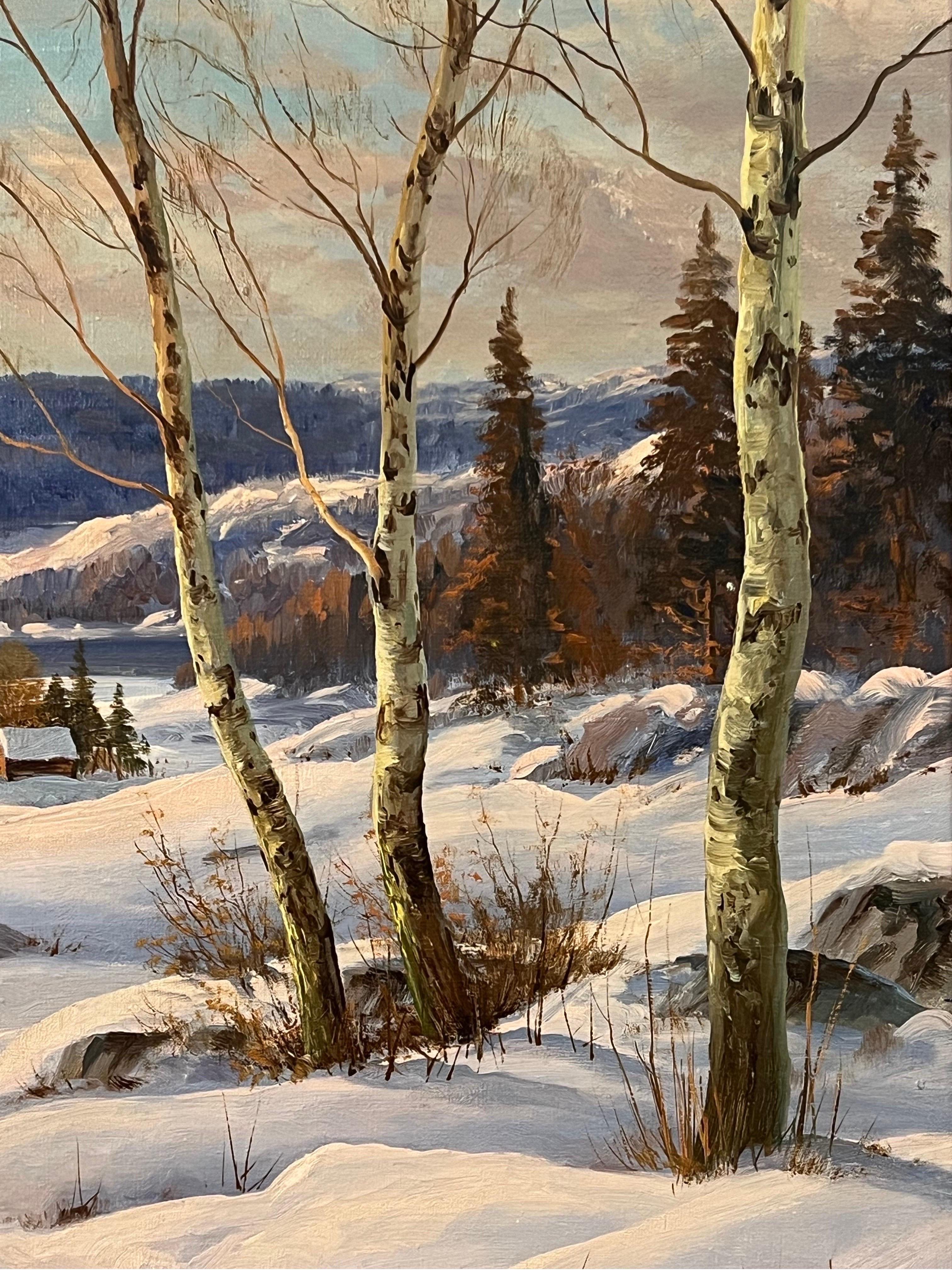 Swedish Hamlet in a Snowy Winter Landscape with Birch Trees by Danish Artist, Jens Christian Bennedsen (1893-1967). 

Art measures 38 x 26 inches
Frame measures 44 x 32 inches

An oil painting of an idyllic Scandinavian Snowy Winter Landscape by