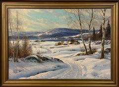 Antique Swedish Hamlet in a Snowy Winter Landscape with Birch Trees by Danish Artist