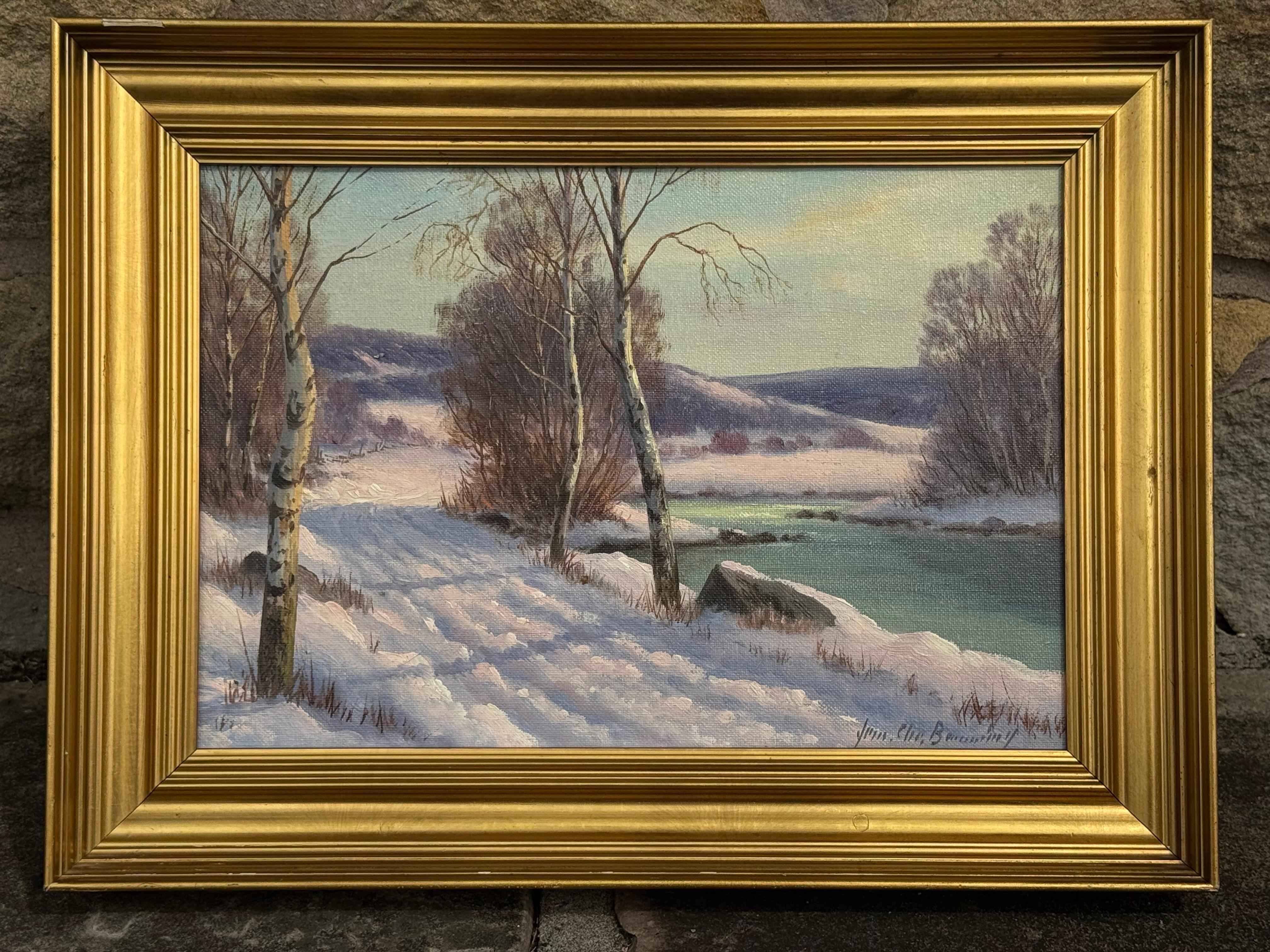 Winterliche Flusslandschaft in Skandinavien mit Silberbirken von einem dänischen Künstler im Angebot 11