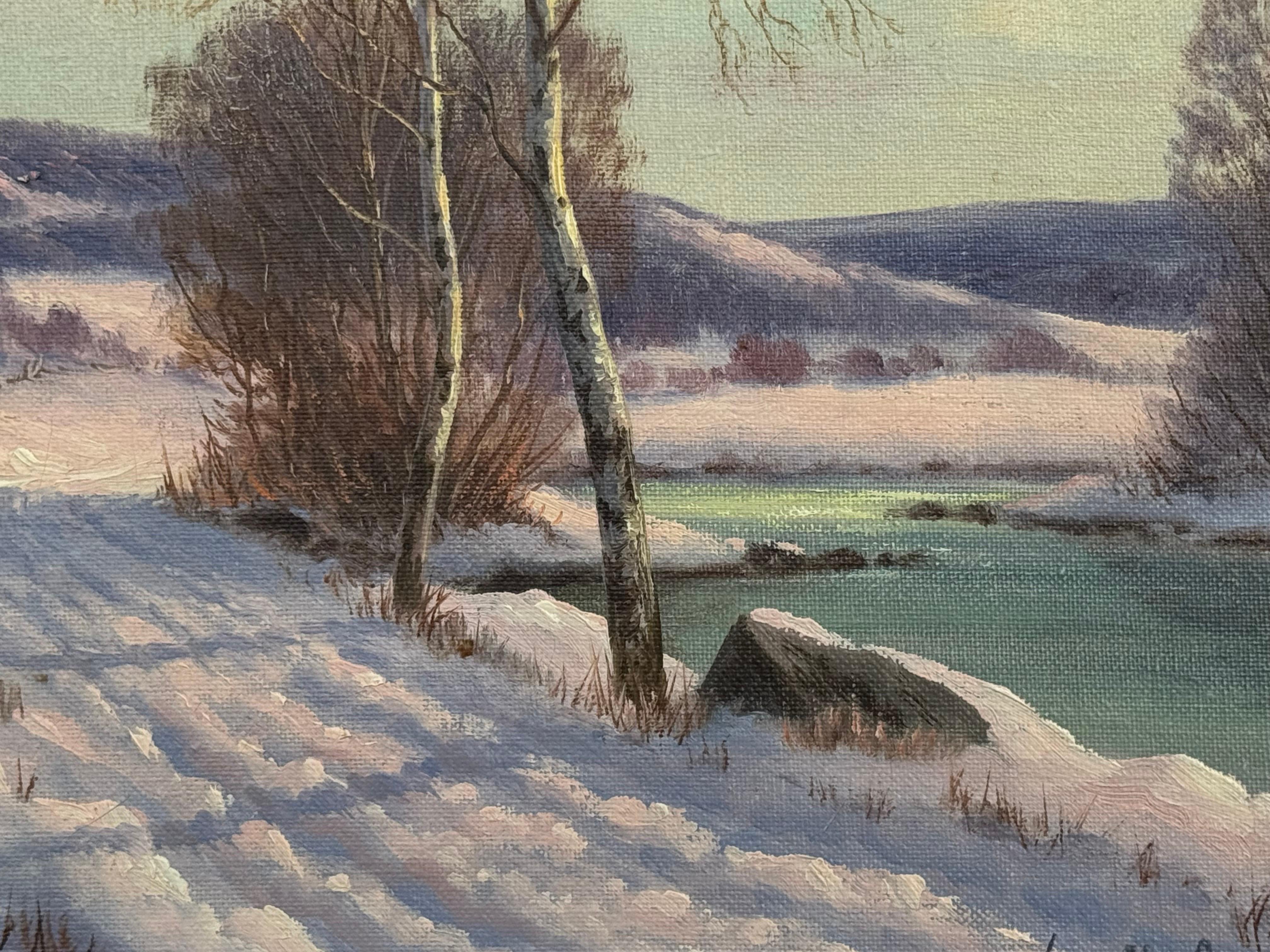 Winterliche Flusslandschaft in Skandinavien mit Silberbirken von einem dänischen Künstler im Angebot 13