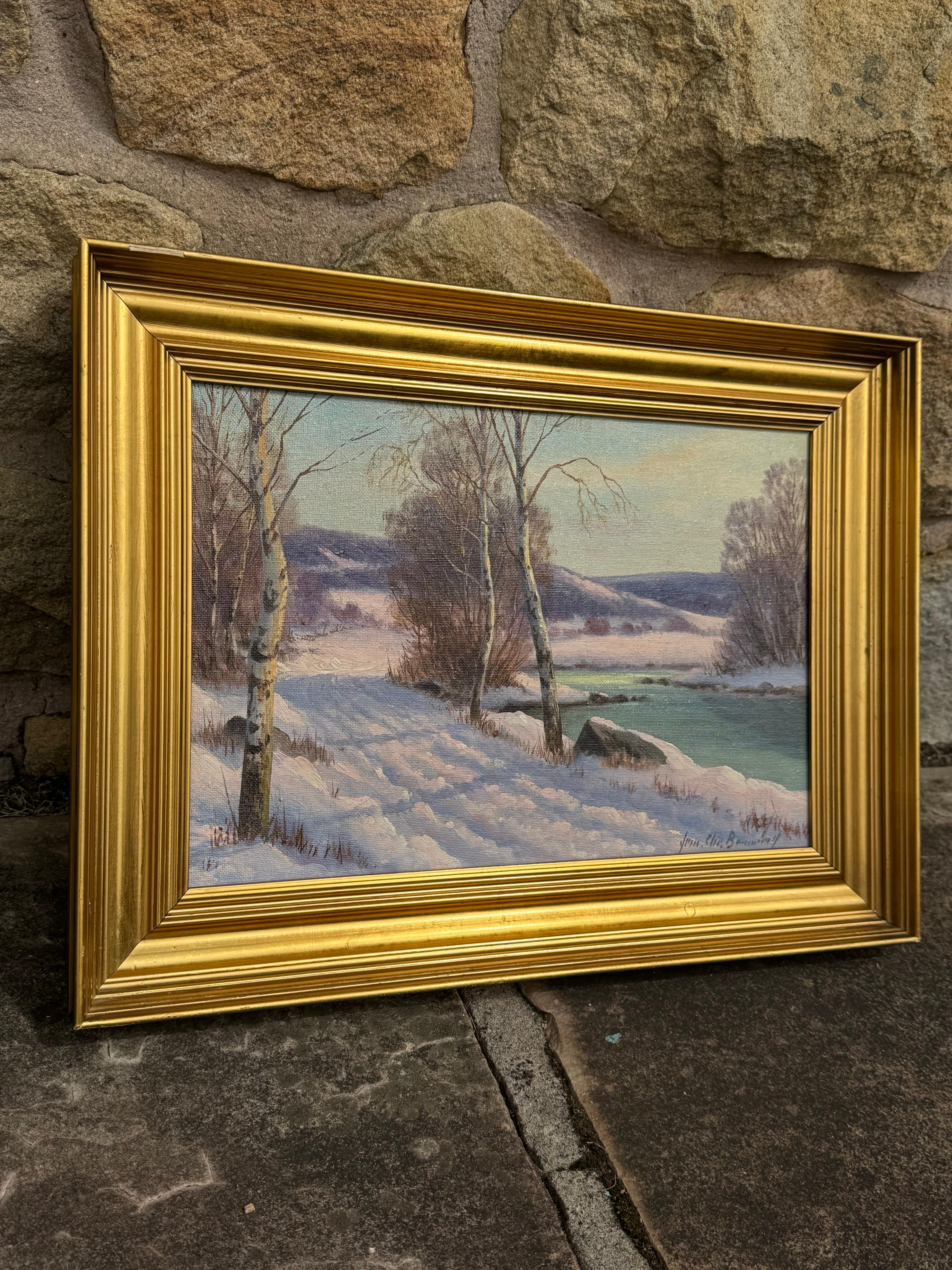 Winterliche Flusslandschaft in Skandinavien mit Silberbirken von einem dänischen Künstler – Painting von Jens Christian Bennedsen